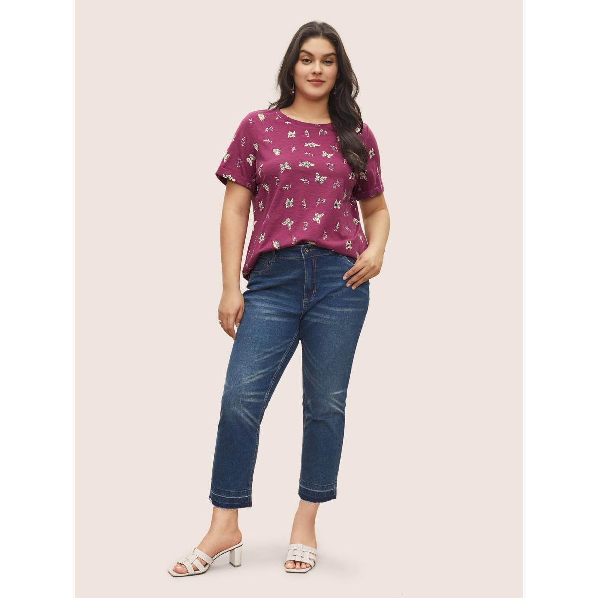 Plus Size Butterfly Print Cuffed Sleeve T-shirt Purple Women Resort Non Animal Round Neck Vacation T-shirts BloomChic 30/6X Product Image