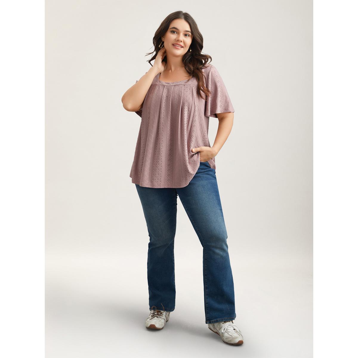 Plus Size Textured Cut-Out Square Neck Shirt DustyPink Women Leisure Texture Square Neck Casual T-shirts BloomChic 26/4X Product Image