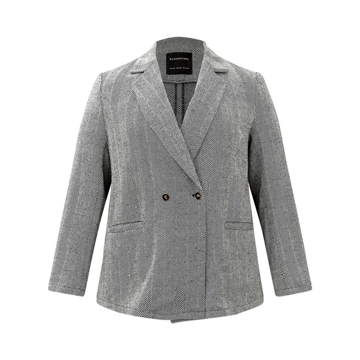 Plus Size Geo Striped Patched Pocket Button Down Blazer Gray Women Office Geometric Texture Sleeve Long Sleeve Suit Collar 28/5X Pocket Office Blazers BloomChic Product Image