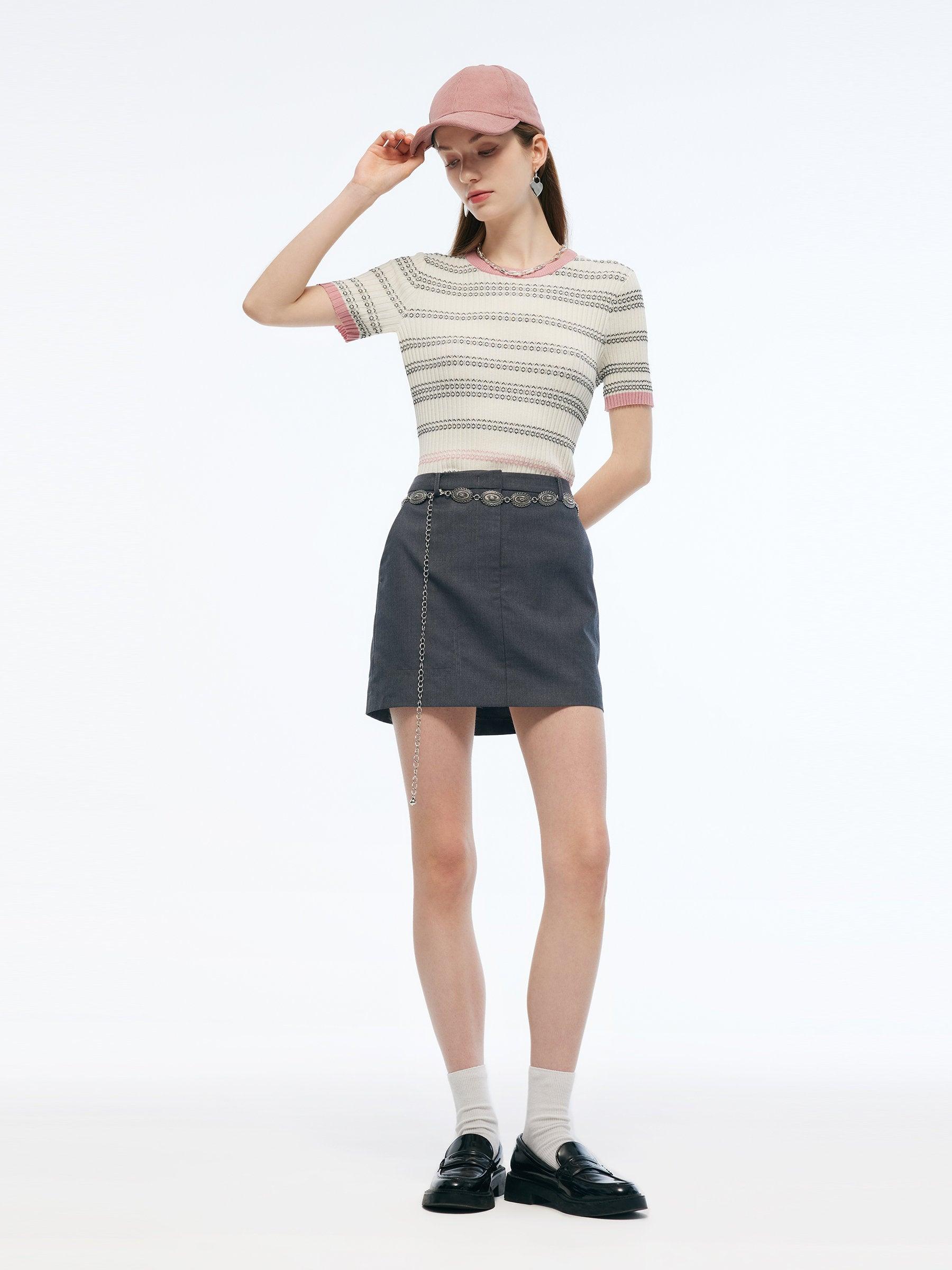 Tencel Blend Color Block Stripe Women Knit Top Product Image