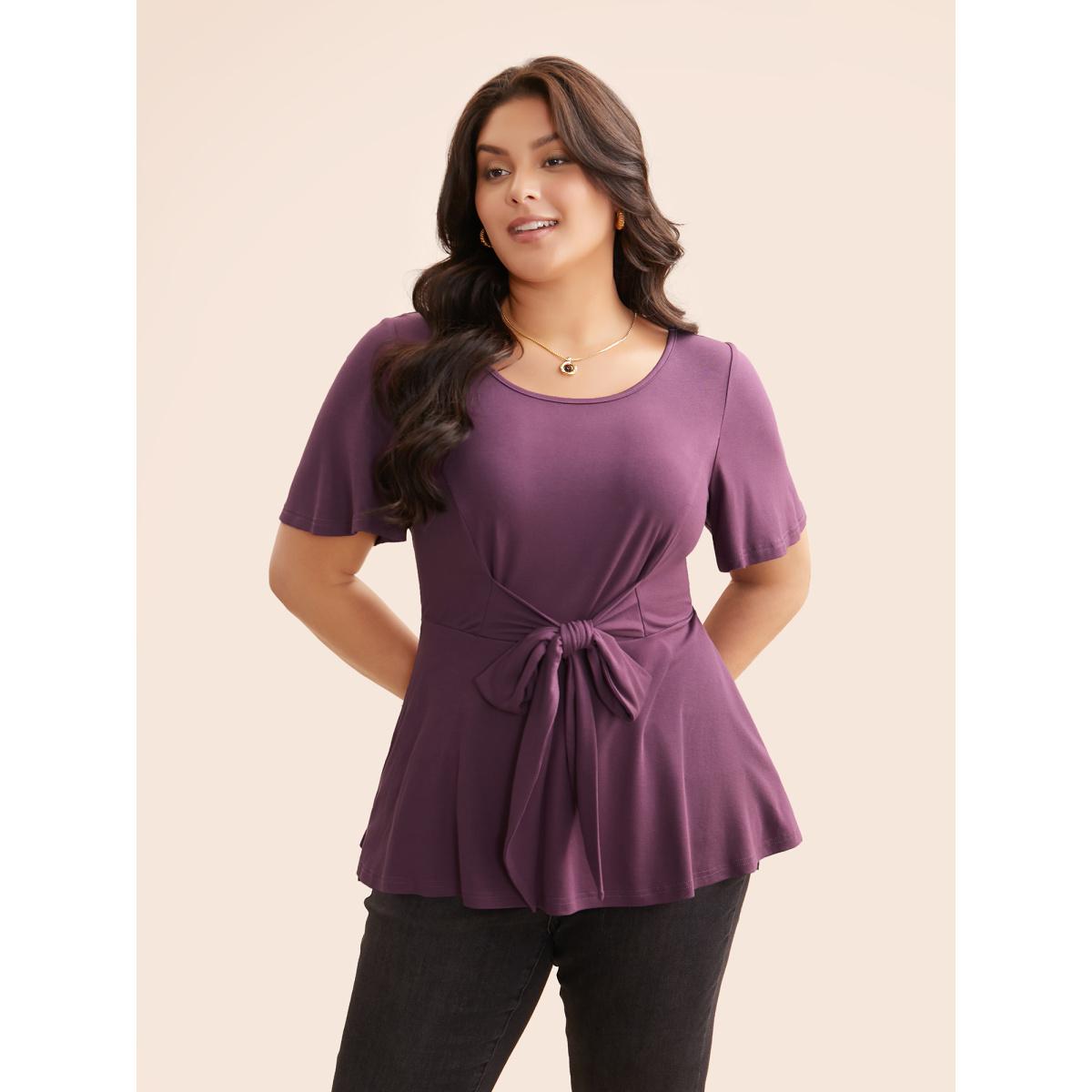 Plus Size Supersoft Essentials Flutter Sleeve Tie Knot T-shirt Mauve Women Elegant Tie knot Round Neck Bodycon Everyday T-shirts BloomChic 22-24/3X Product Image