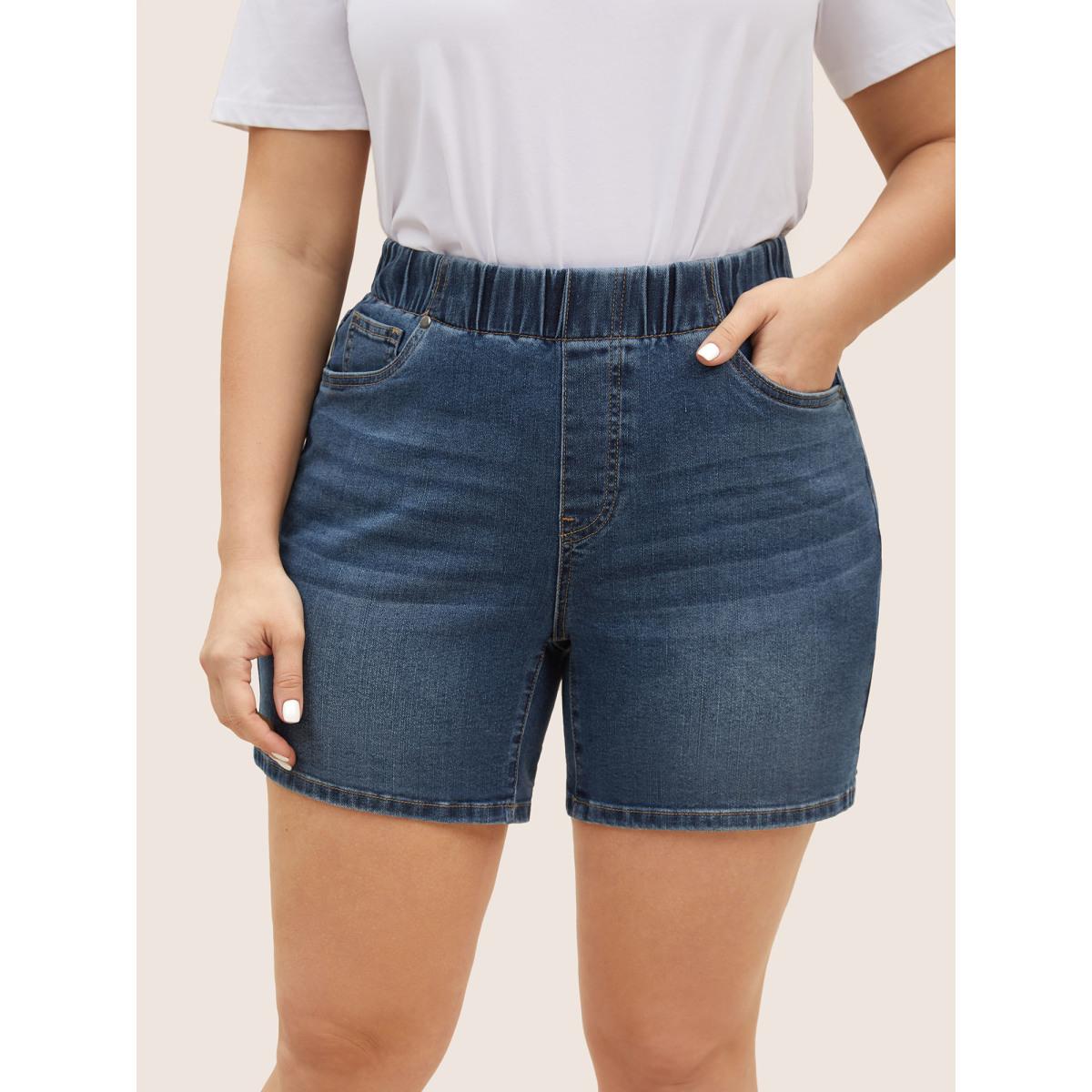 Plus Size Dark Wash Elastic Waist Roll Hem Denim Shorts Women DarkBlue Roll Hem Medium stretch Everyday Slanted pocket Casual Denim Shorts BloomChic 12/L Product Image