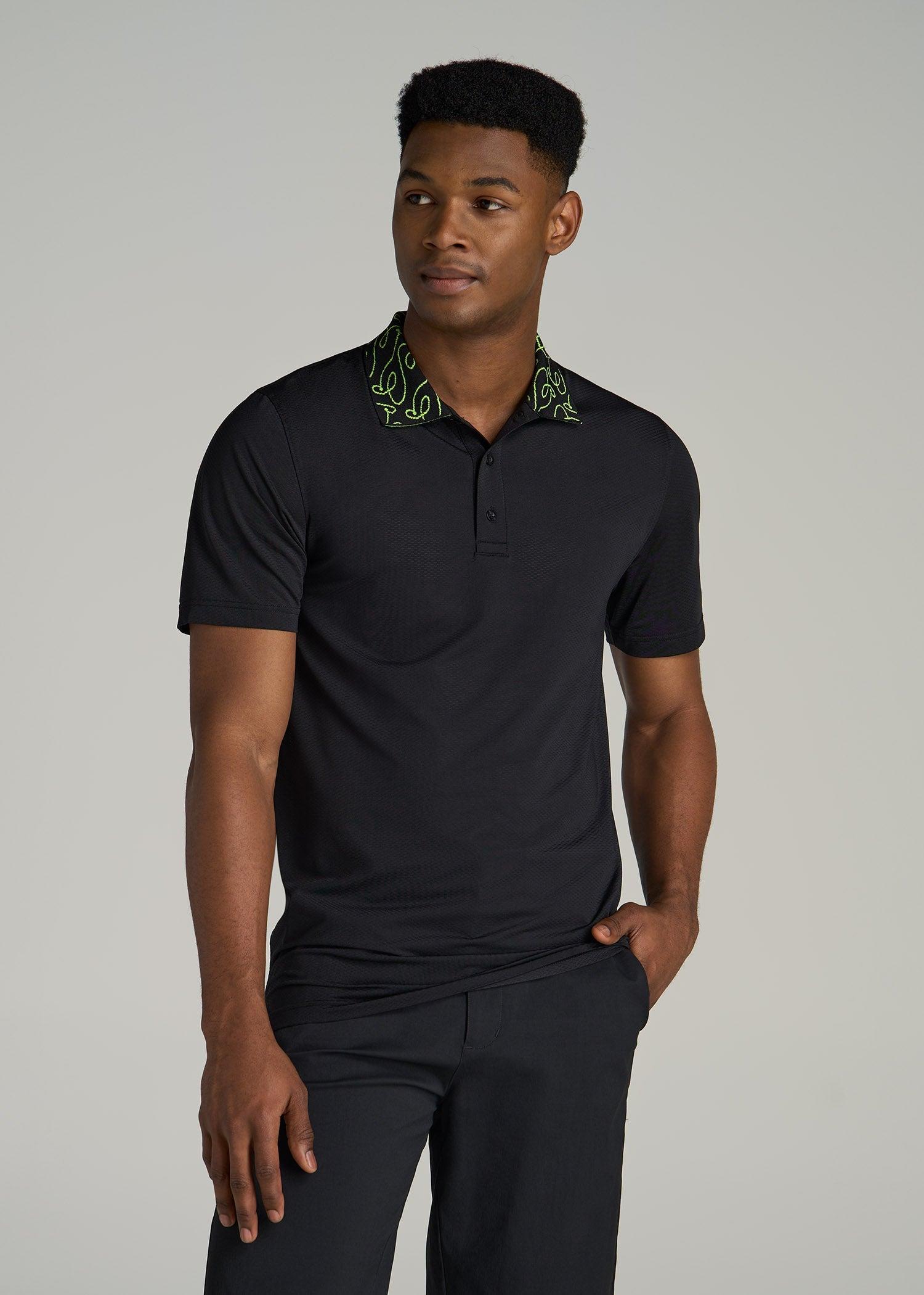 Jacquard Knit Collar Golf Polo Shirt for Tall Men in Black Male Product Image