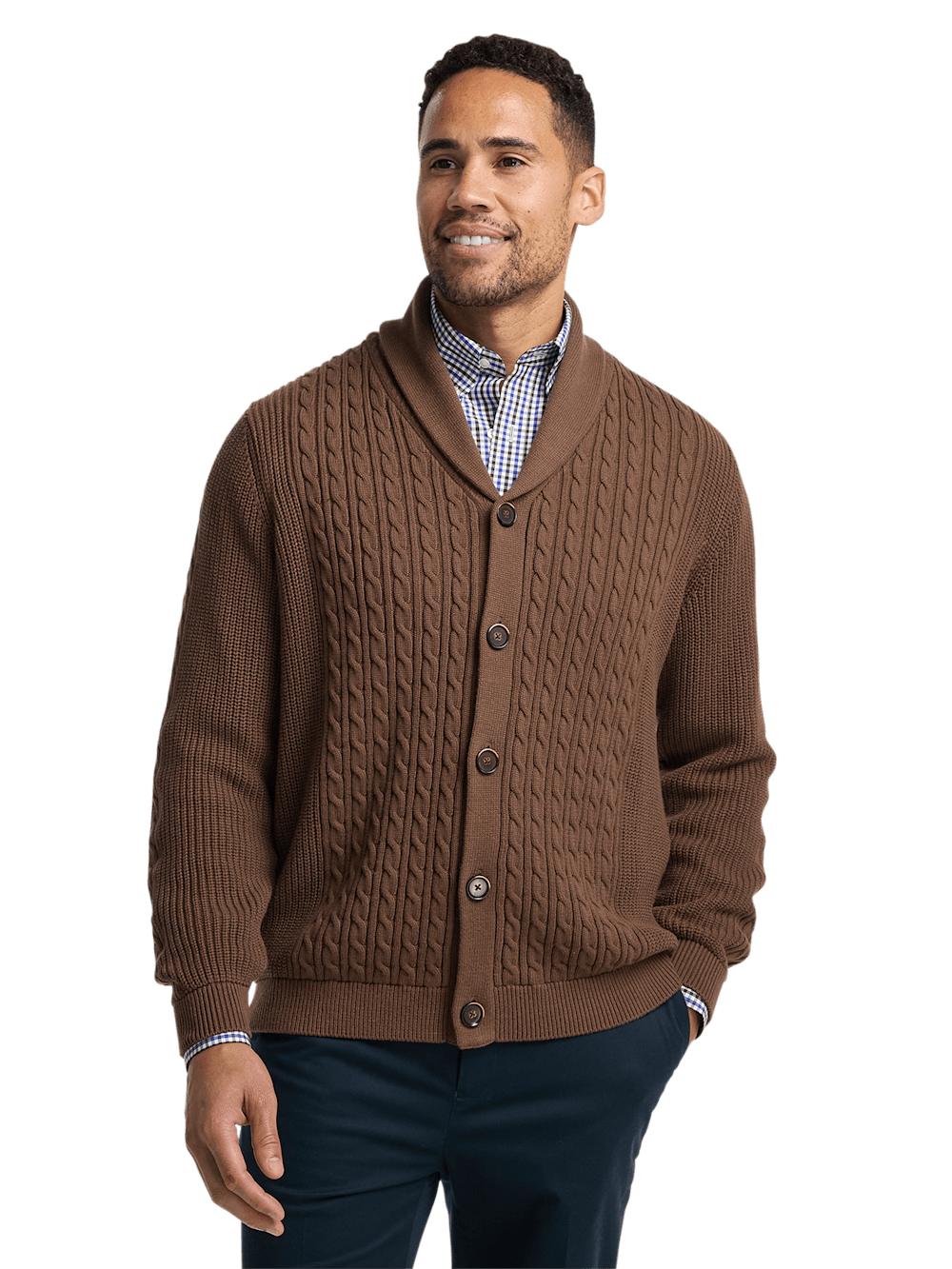 Cotton Cable Button Front Shawl Collar Cardigan - Brown Product Image