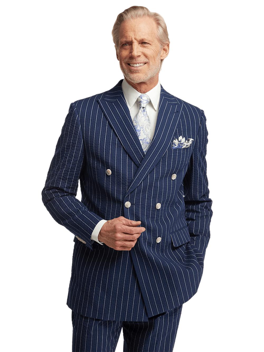 Cotton Stretch Pinstripe Seersucker Double Breasted Peak Lapel Suit Jacket - Navy Product Image
