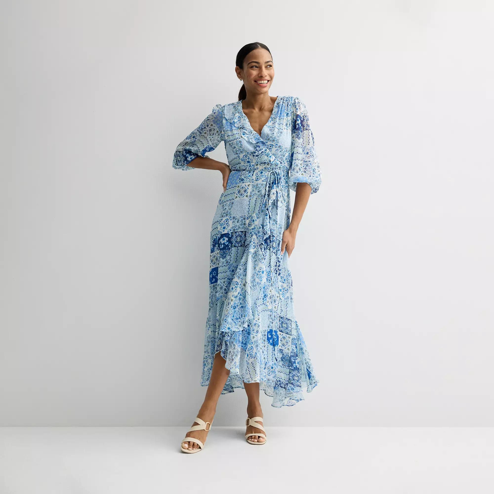 Women's Maison Tara Wrap Ruffle Trim Maxi Dress, Size: 4, Ivory Blue Product Image