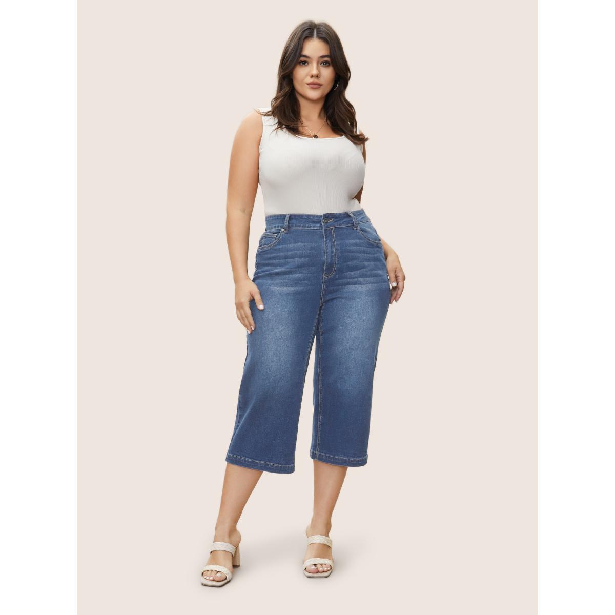 Plus Size Medium Wash Wide Leg High Stretch Jeans Women Midblue Timeless Plain Button High stretch Slanted pocket Jeans BloomChic 22/3X Product Image