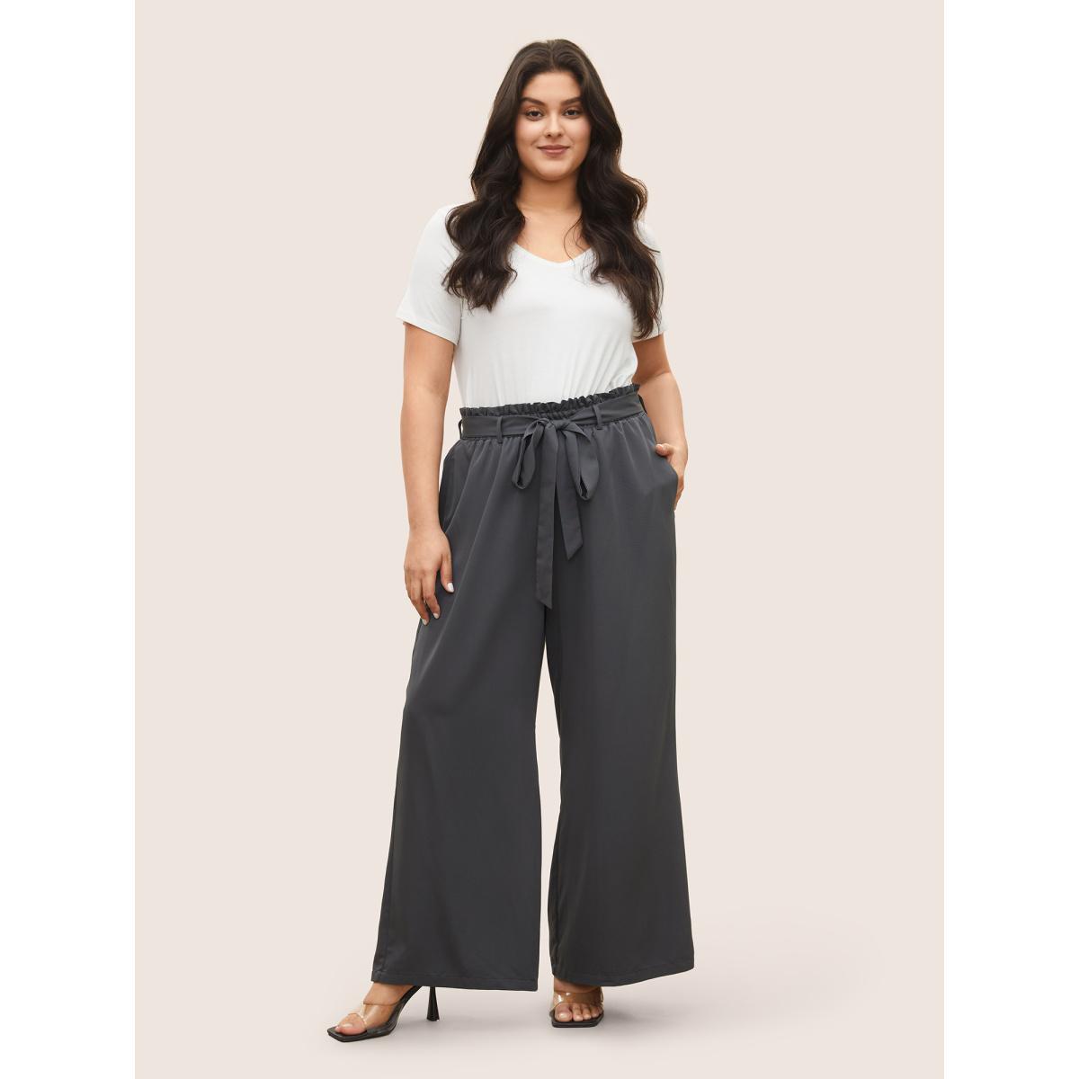 Plus Size Plain Paperbag Waist Belted Wide Leg Pants Women DimGray Elegant Wide Leg High Rise Everyday Pants BloomChic 14-16/1X Product Image