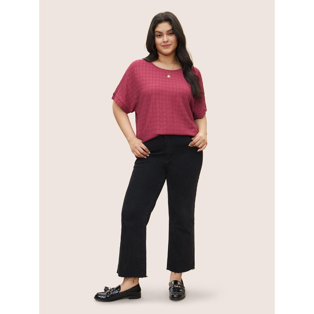Plus Size Plain Textured Jacquard Dolman Sleeve T-shirt Pink Women Elegant Non Plain Round Neck Everyday T-shirts BloomChic 18-20/2X Product Image