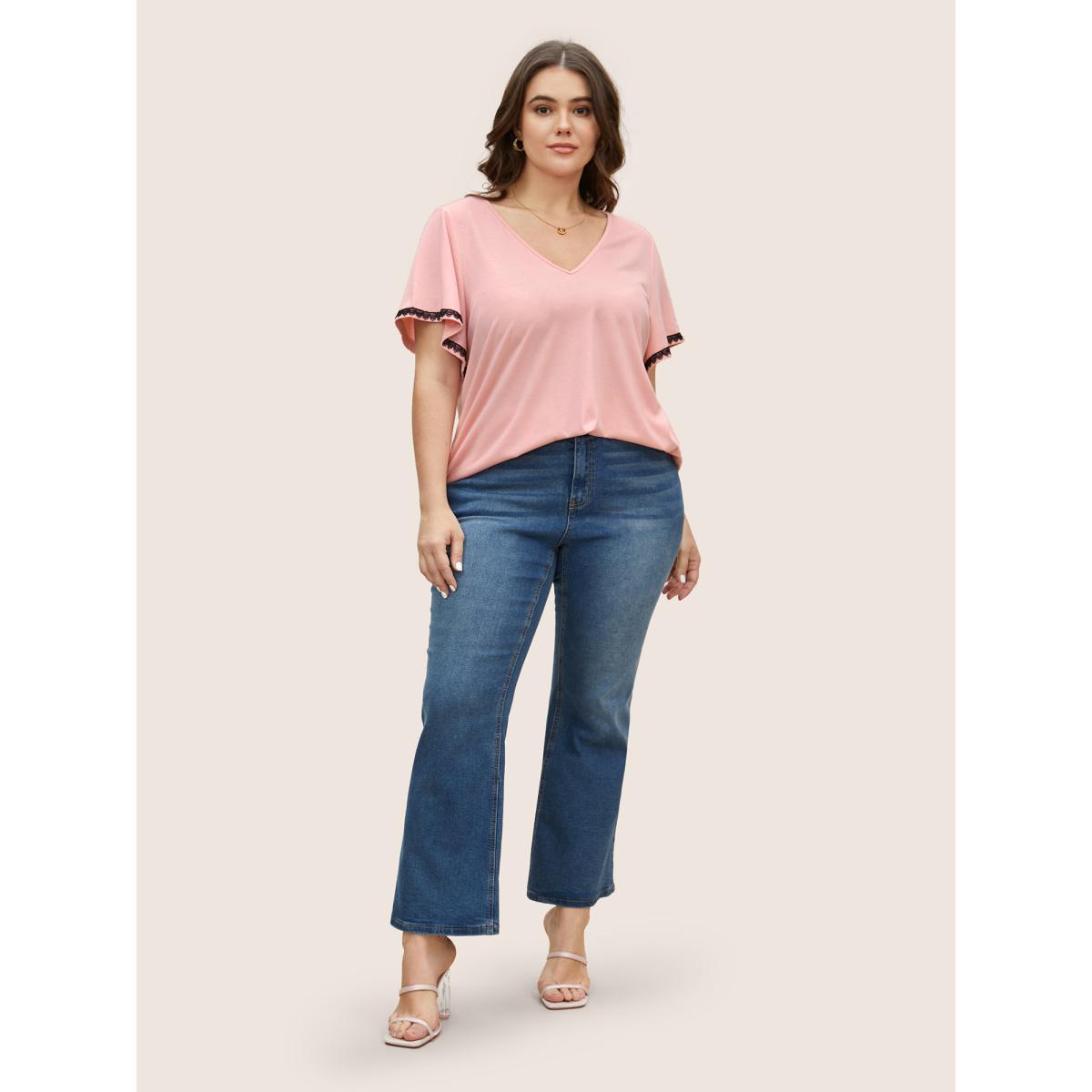 Plus Size V Neck Contrast Lace Flutter Sleeve T-shirt Nudepink Women Casual Contrast V-neck Everyday T-shirts BloomChic 18-20/2X Product Image