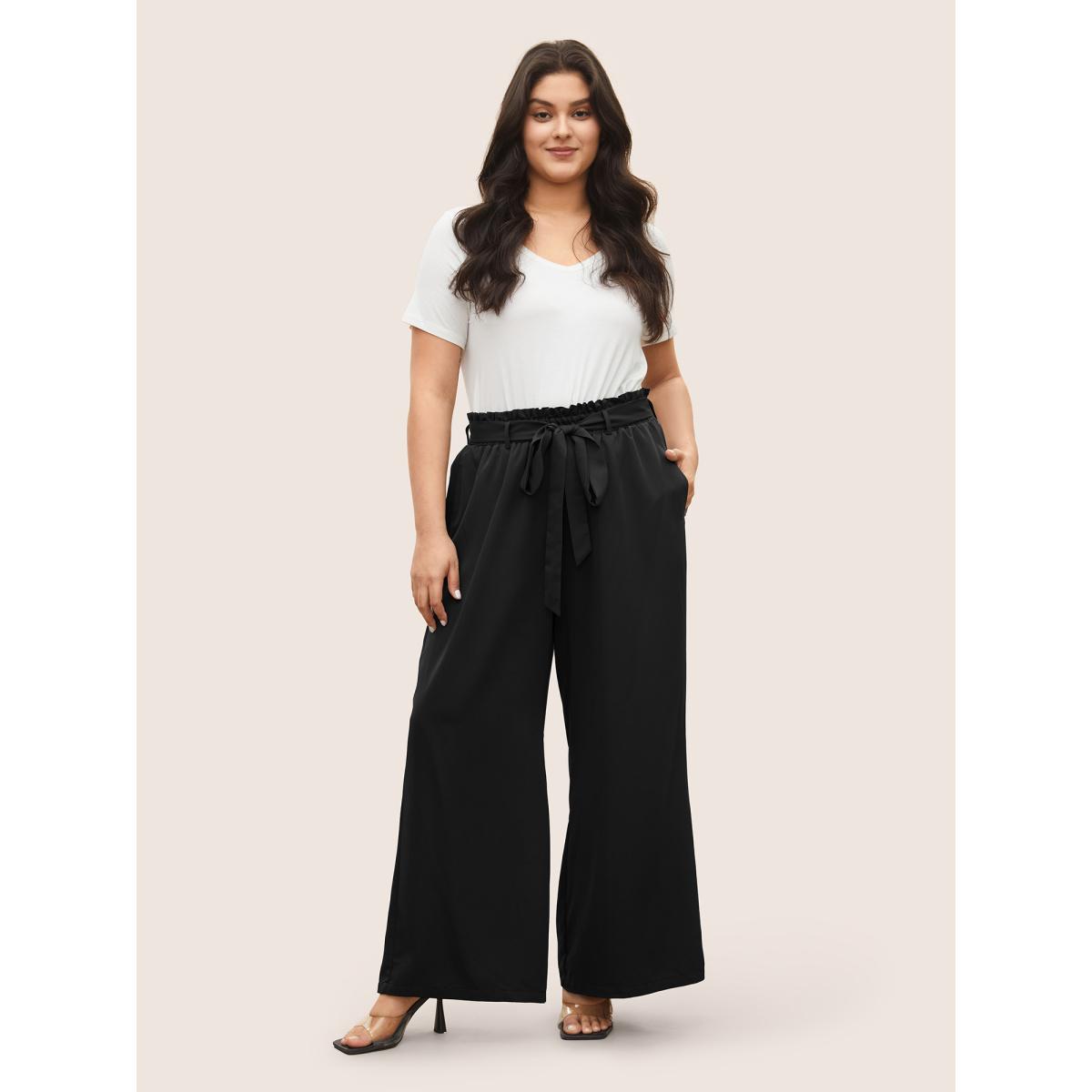 Plus Size Plain Paperbag Waist Belted Wide Leg Pants Women Black Elegant Wide Leg High Rise Everyday Pants BloomChic 26/4X Product Image