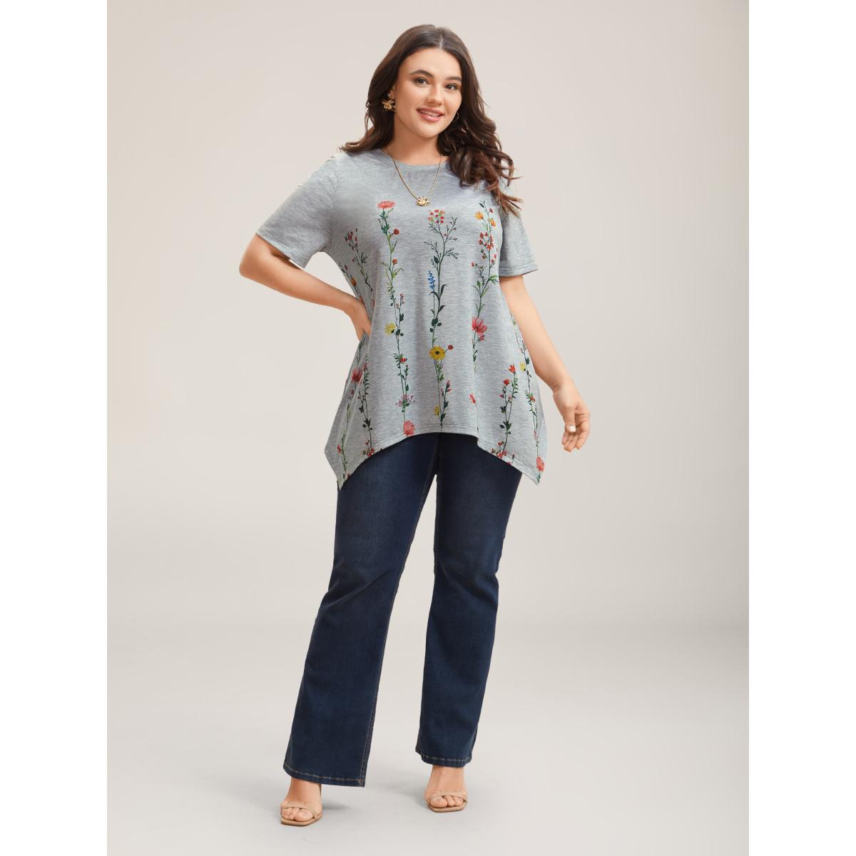 Plus Size Stretchy Hi-Low Hem Floral T-Shirt LightGray Women Timeless Asymmetrical Natural Flowers Round Neck Loose Elegant T-shirts BloomChic 14-16/1X Product Image