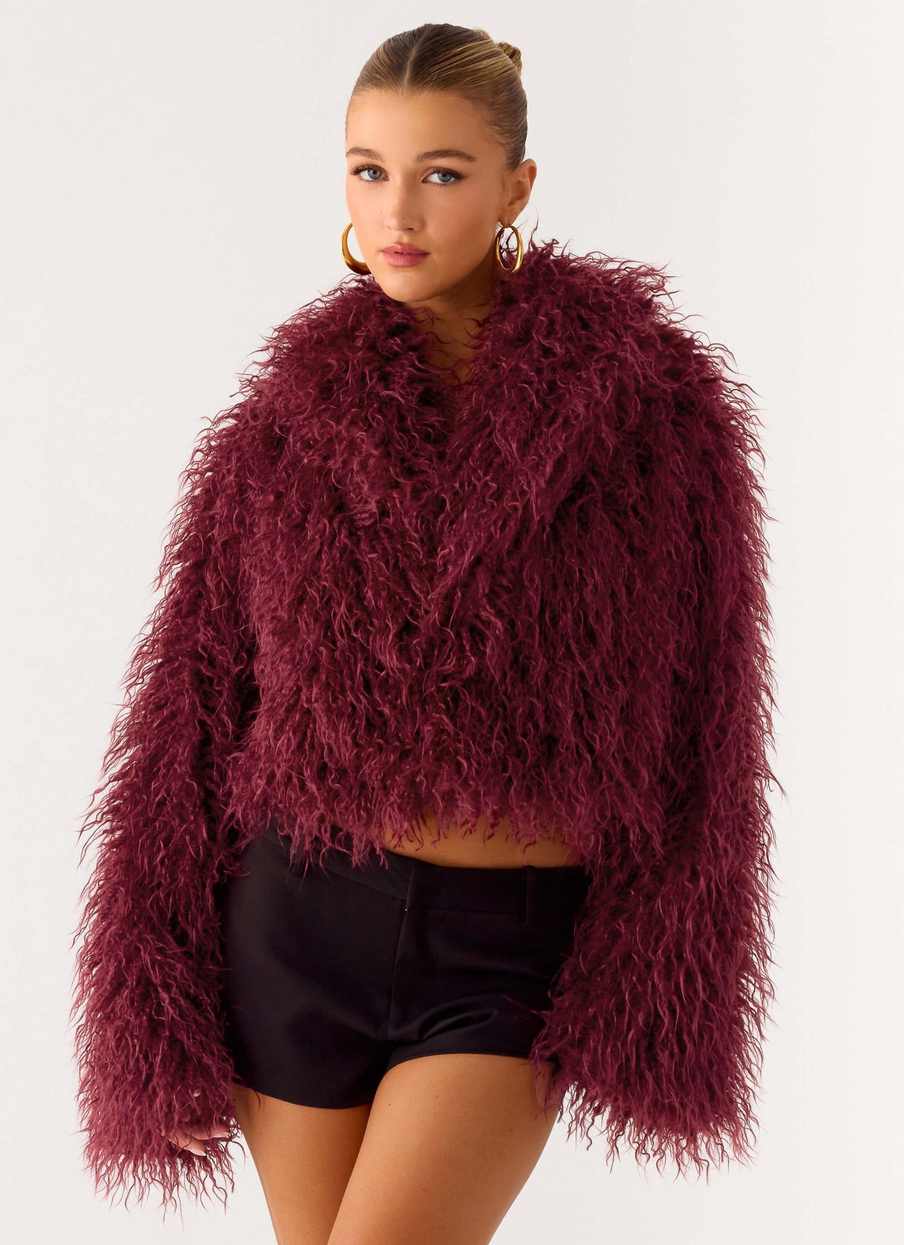 Virginia Cropped Faux Fur Jacket - Maroon Product Image