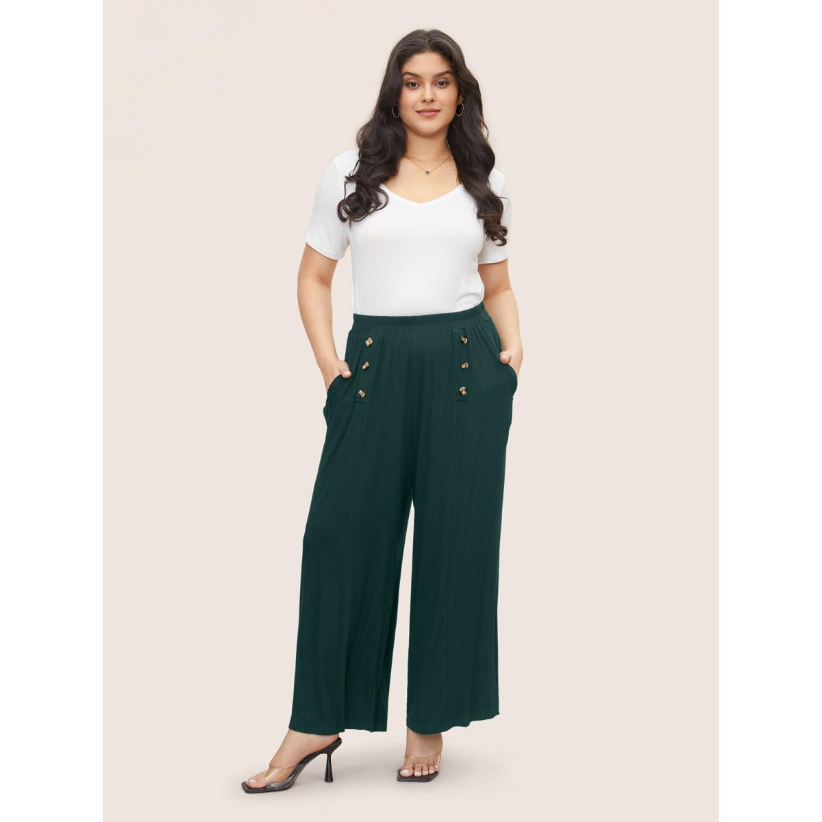 Plus Size Supersoft Essentials Button Detail Wide Leg Pants Women Cyan Elegant Wide Leg High Rise Everyday Pants BloomChic 10/M Product Image