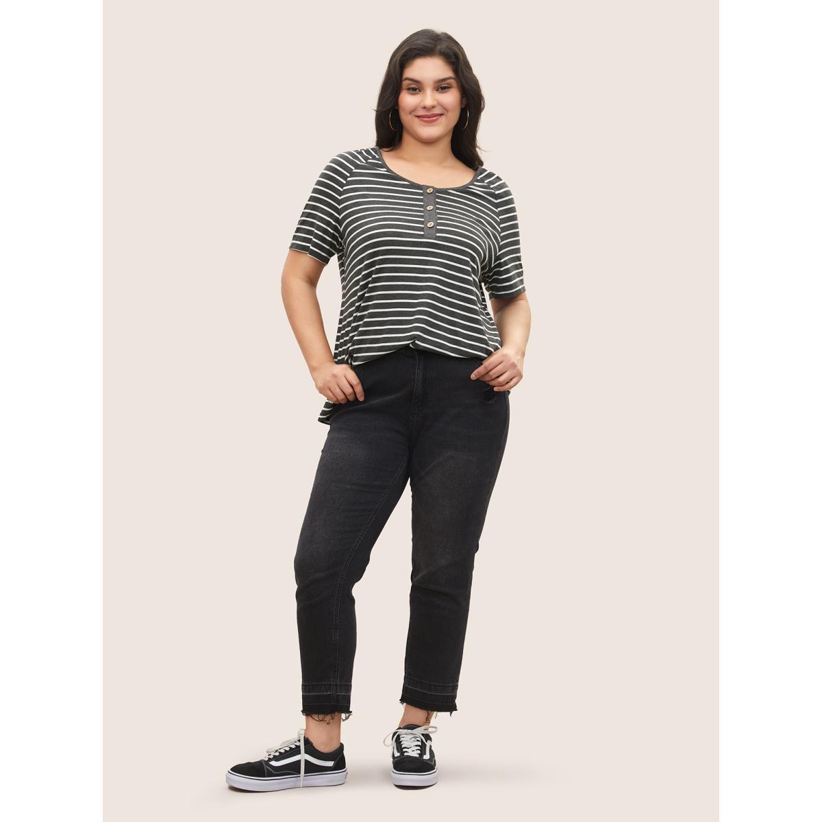 Plus Size Striped Button Up Raglan Sleeve T-shirt Gray Women Casual Contrast Striped Round Neck Everyday T-shirts BloomChic 18-20/2X Product Image
