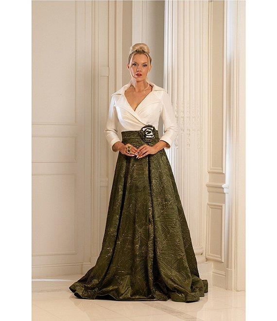 Terani Couture Brocade Portrait Collar 3/4 Sleeve Two Tone Belted Ball Gown Product Image