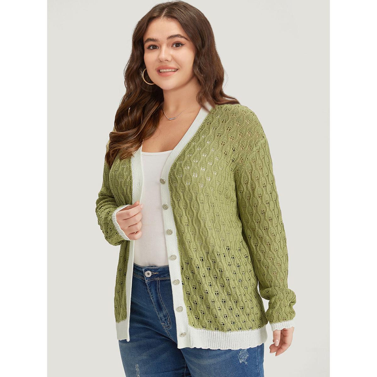 Plus Size Two Tone Patchwork Cut Out Button Down Cardigan Olive Women Casual Loose Long Sleeve Work Cardigans BloomChic 18-20/2X Product Image