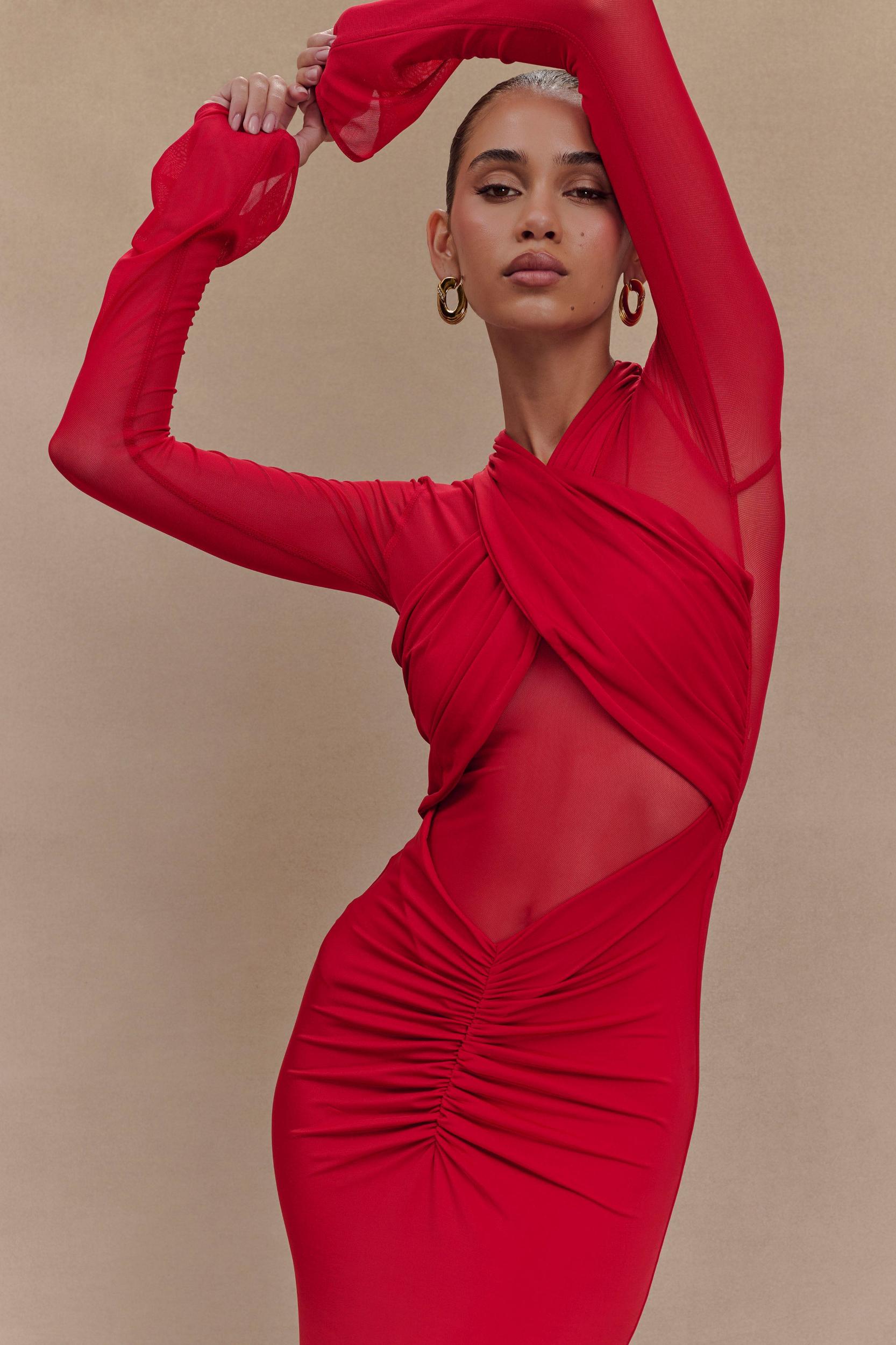 Tania Slinky And Mesh Long Sleeve Maxi Dress - Black Product Image