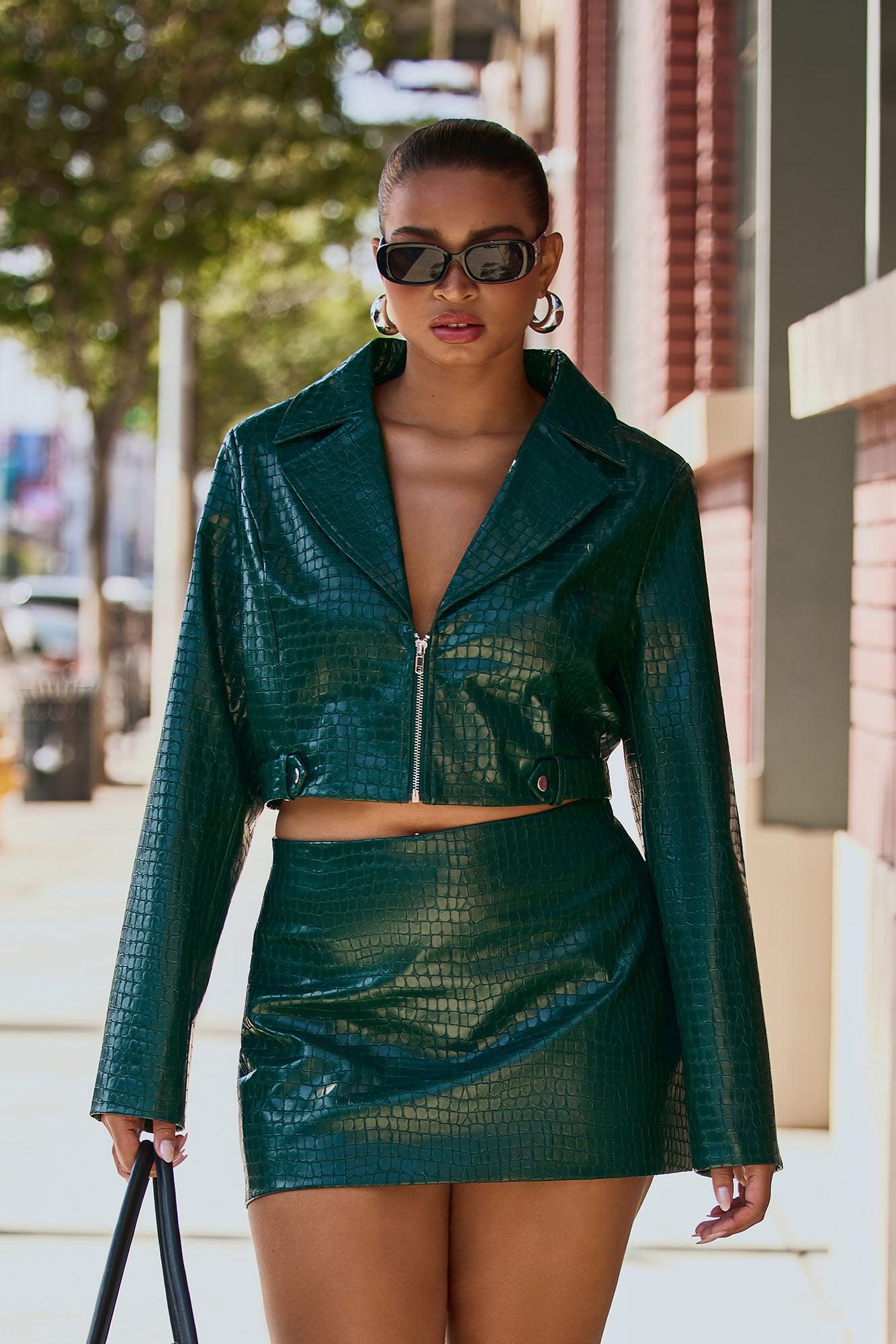 Tara Croc Faux Leather Moto Jacket - Green Female Product Image