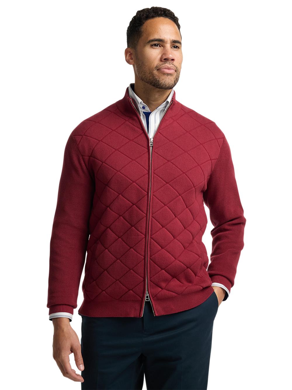 Cotton Full Zip Mock Neck Sweater - Burgundy Product Image