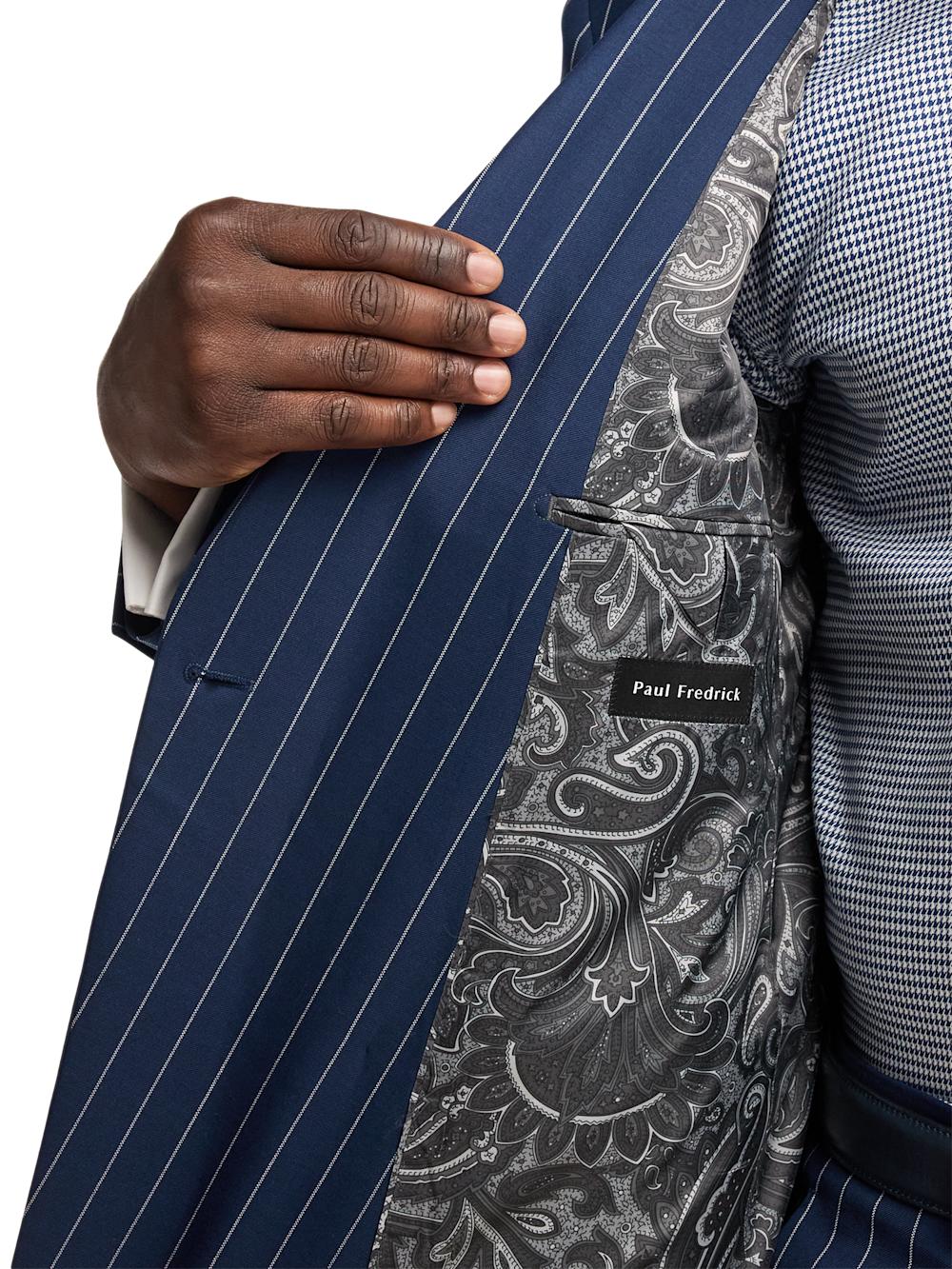 Wool Stretch Stripe Double Breasted Peak Lapel Suit Jacket - Blue Product Image