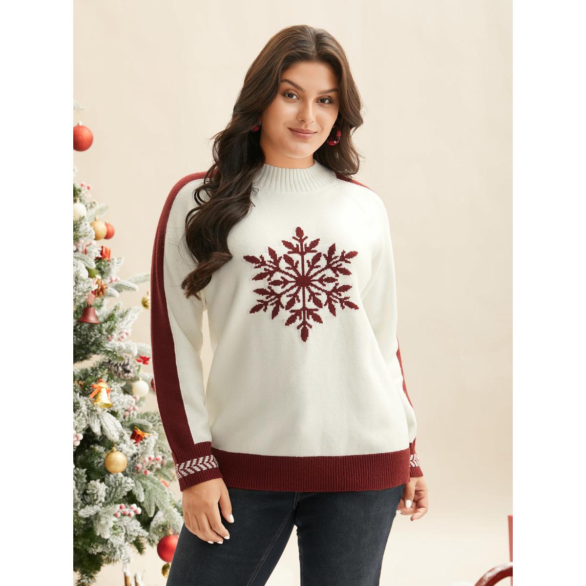 Plus Size Supersoft Essentials Snowflakes Pattern Knit Pullover Ivory Women Casual Loose Long Sleeve Round Neck Everyday Pullovers BloomChic 18-20/2X Product Image