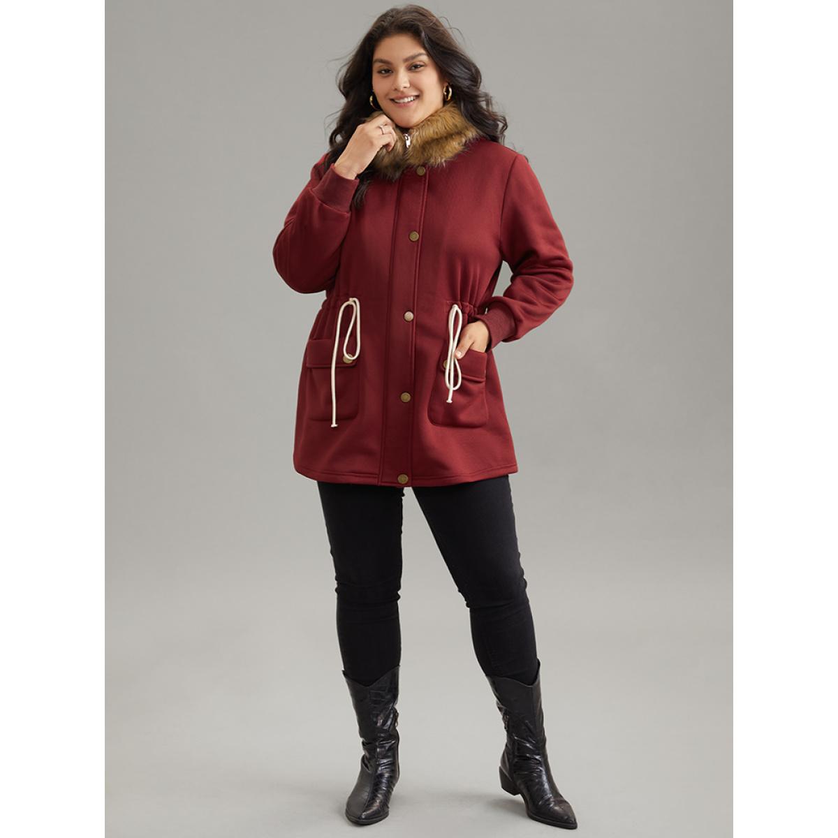 Plus Size Plian Drawstring Zipper Fuzzy Trim Hooded Coat Women Scarlet Casual Contrast Ladies Dailywear Winter Coats BloomChic 30/6X Product Image