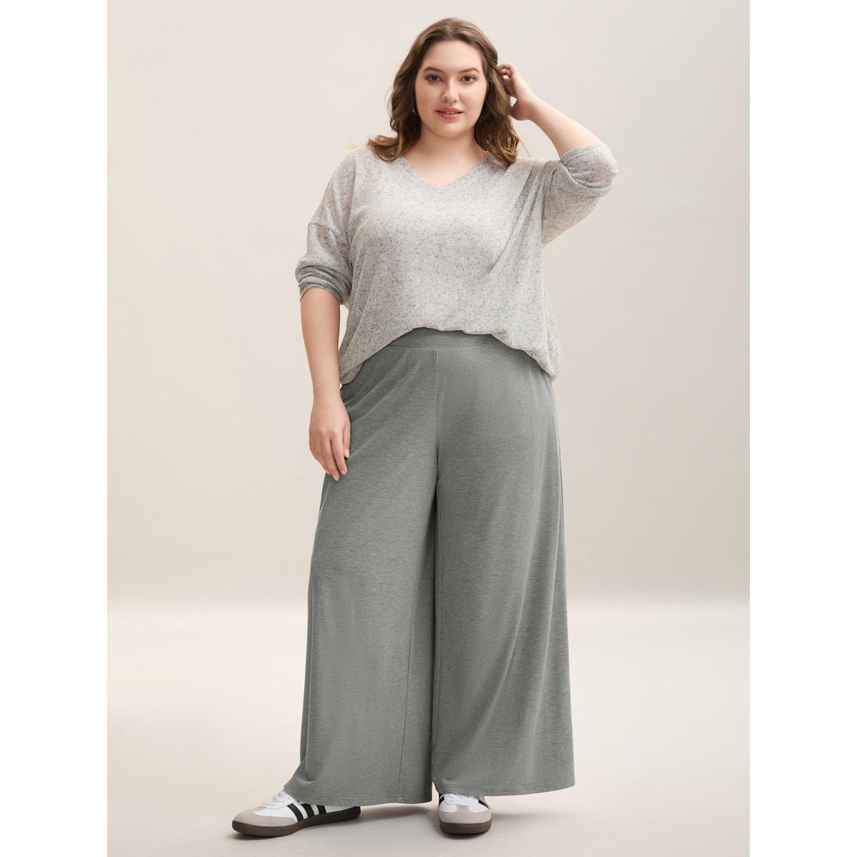 Plus Size Shirred Waist Wide Leg Pull-On Pants Women LightGray Casual Wide Leg Mid Rise Everyday Pants BloomChic 12/L Product Image