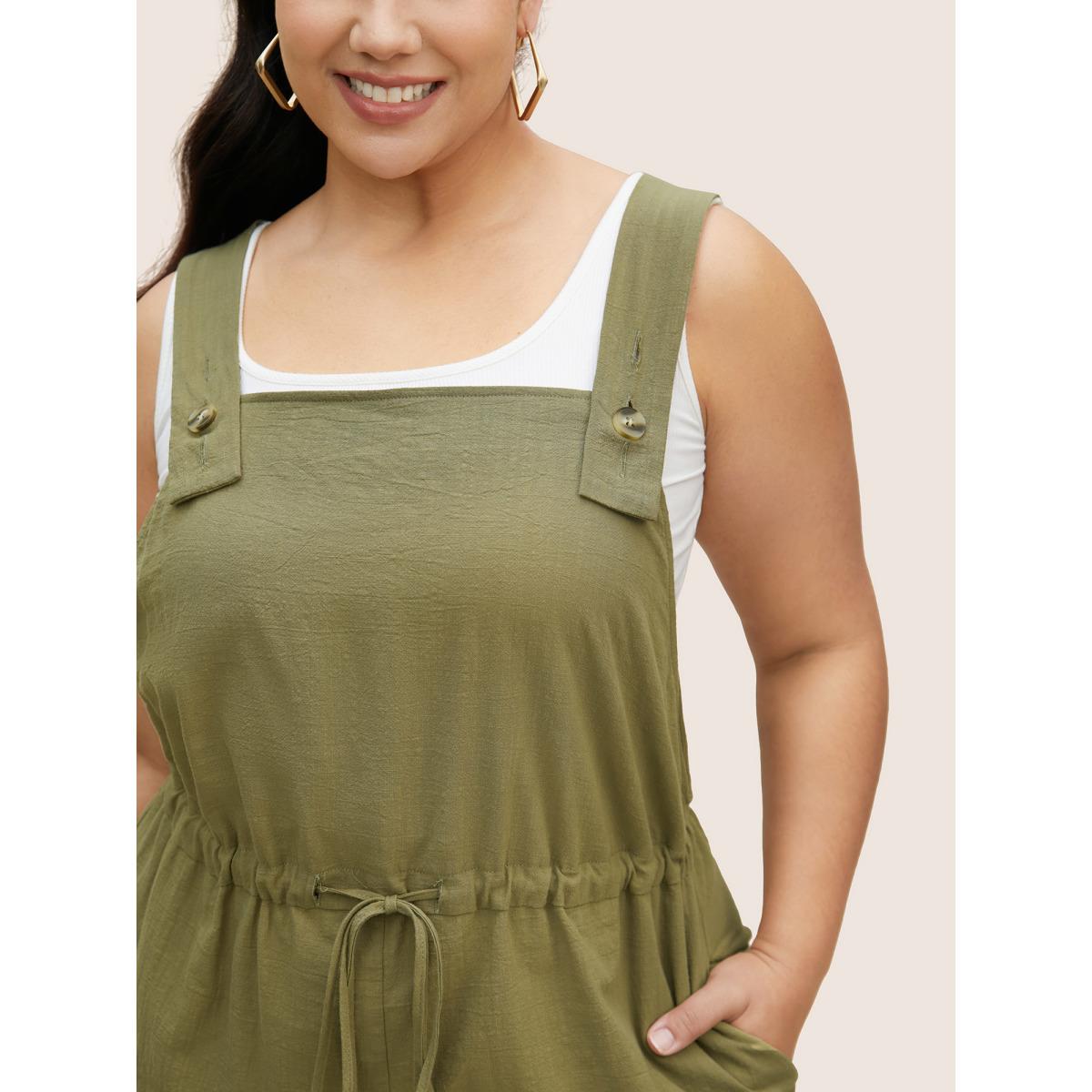 Plus Size Moss Cotton Square Neck Drawstring Roll Hem Jumpsuit Women Casual Sleeveless Square Neck Everyday Loose Jumpsuits BloomChic 22-24/3X Product Image