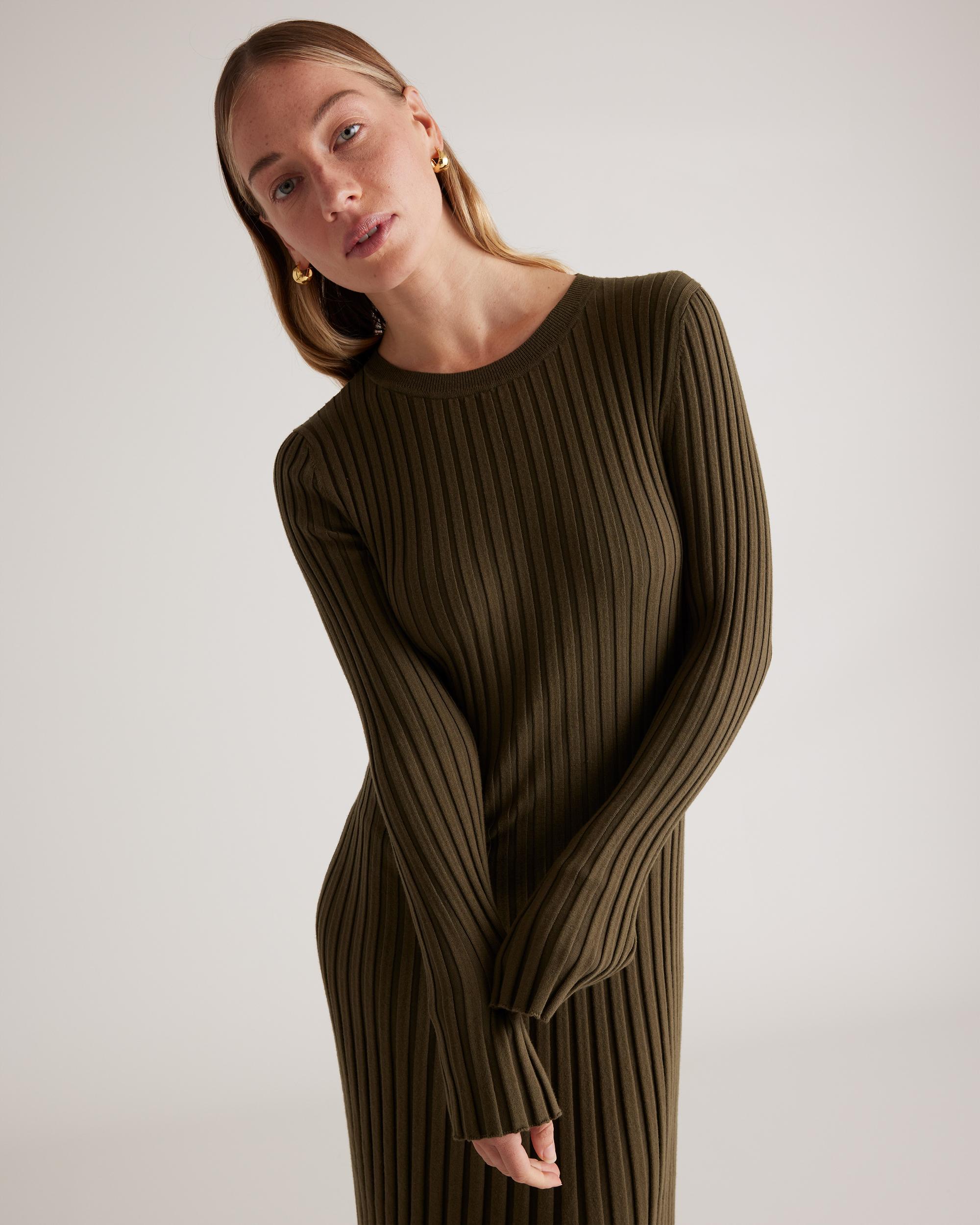 Quince | Women's Cotton Cashmere Ribbed Long Sleeve Crew Midi Dress Product Image