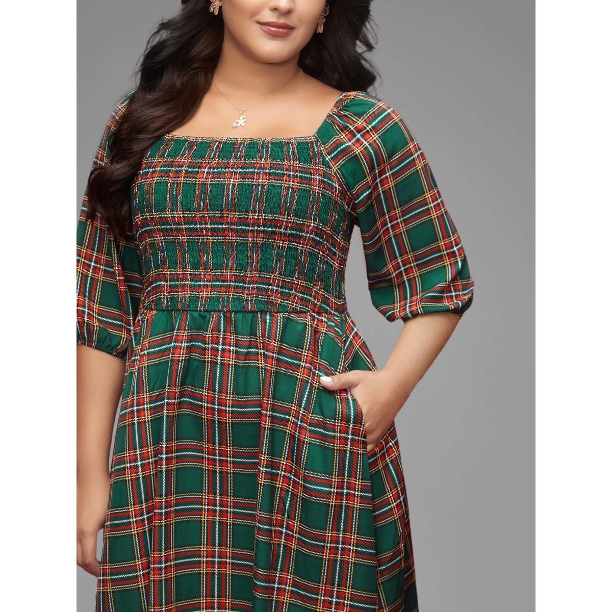 Plus Size Square Neckline Plaid Smocked Bodice Midi Dress Emerald Women Casual Shirred Square Neck Elbow-length sleeve Curvy BloomChic 22-24/3X Product Image