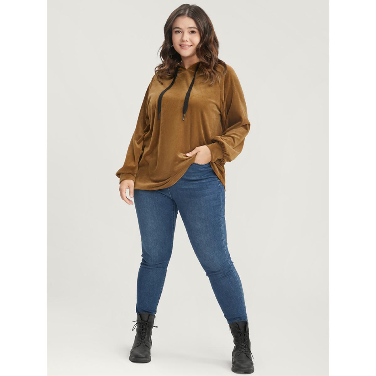 Plus Size Solid Corduroy Drawstring Hooded Sweatshirt Women DarkBrown Casual Drawstring Hooded Dailywear Sweatshirts BloomChic 12/L Product Image