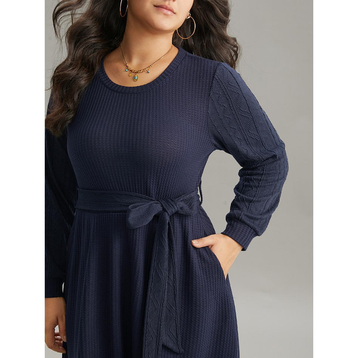 Plus Size Solid Waffle Knit Round Neck Belted Dress DarkBlue Women Casual Texture Round Neck Long Sleeve Curvy Midi Dress BloomChic 30/6X Product Image