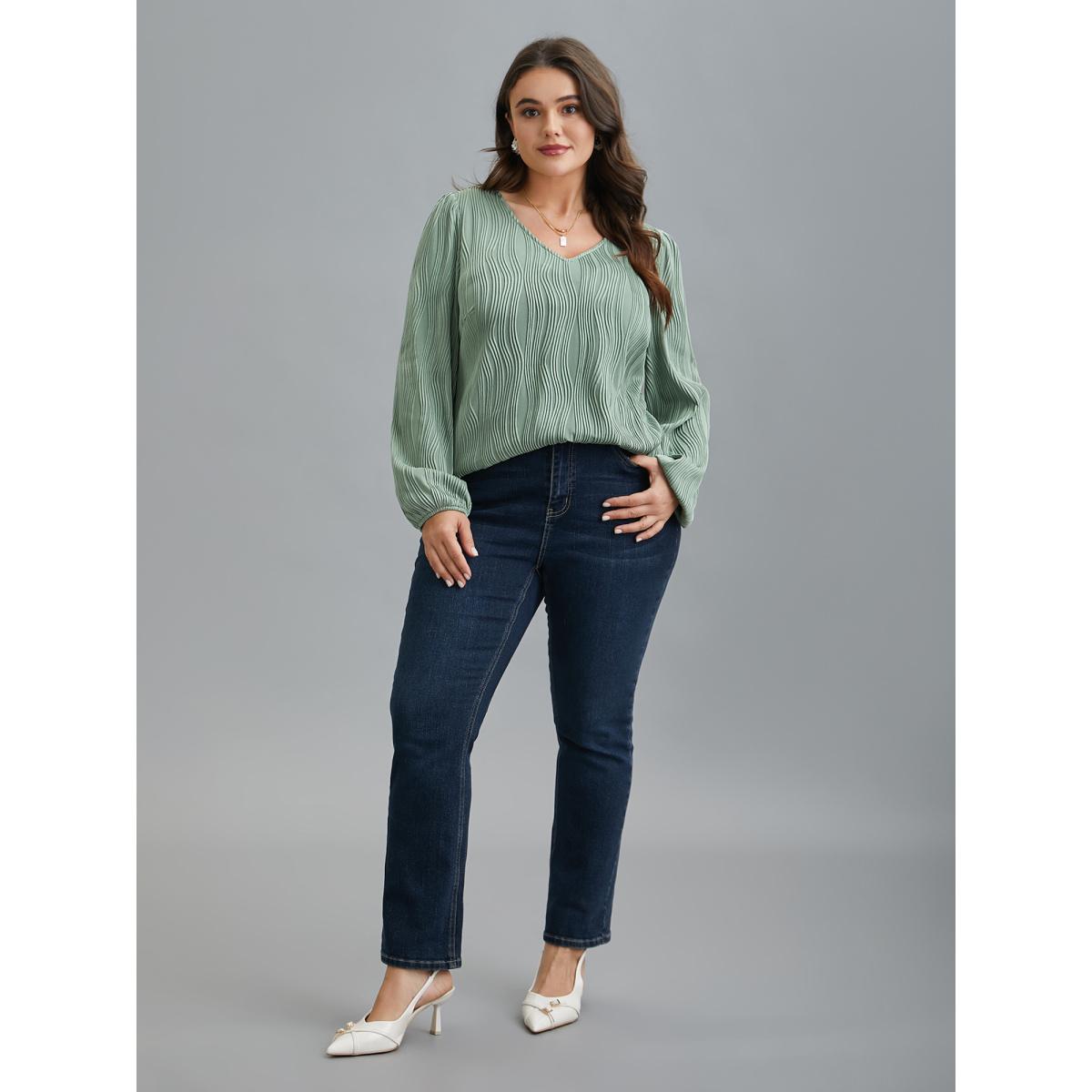 Plus Size Greenbean V-Neck Textured Balloon Sleeve Blouse Women Elegant Extra Long Sleeve Flat collar with V-notch Everyday Blouses BloomChic 18-20/2X Product Image