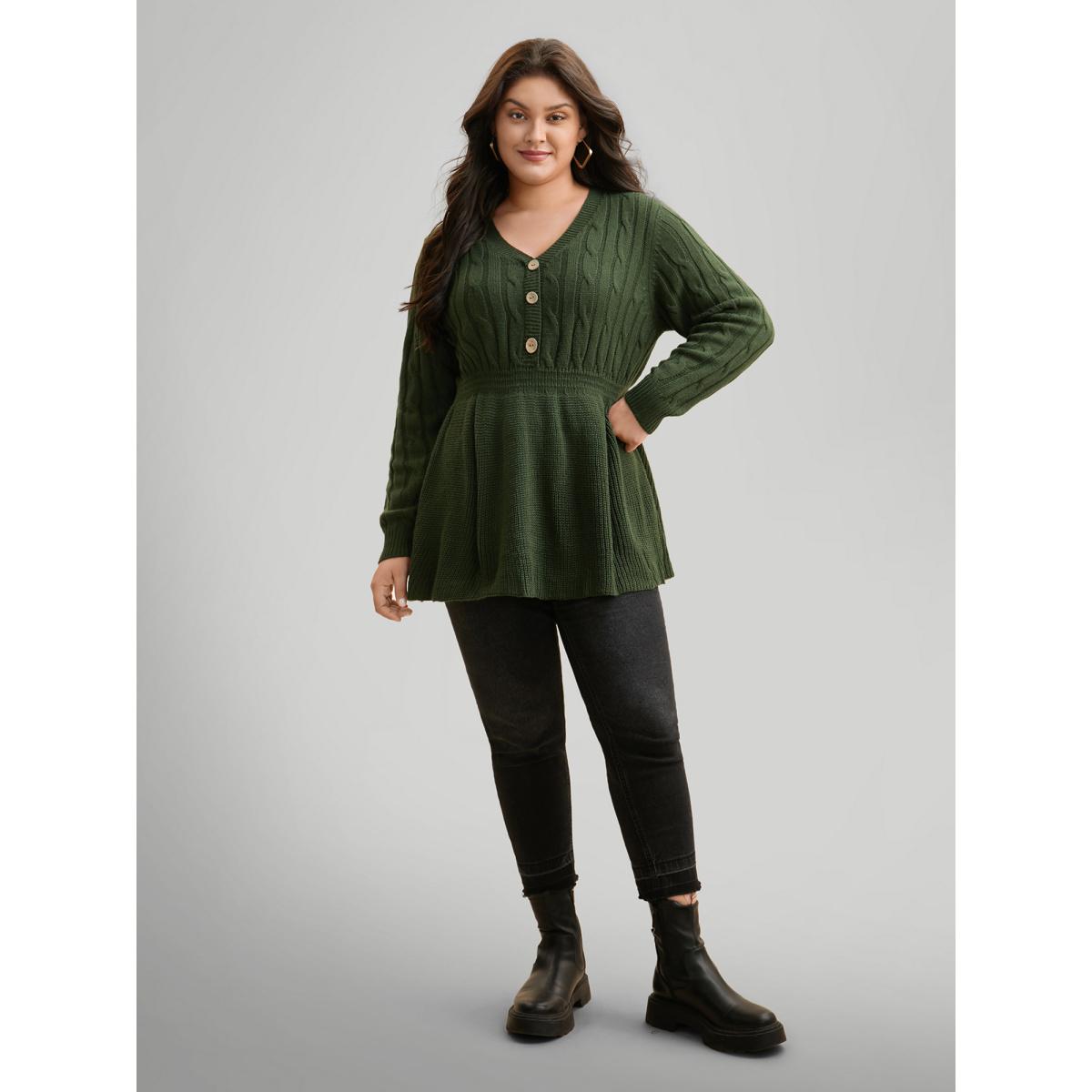 Plus Size Texture Cable Knit Button Detail Pullover ArmyGreen Women Timeless Bodycon Long Sleeve V-neck Elegant Pullovers BloomChic 12/L Product Image