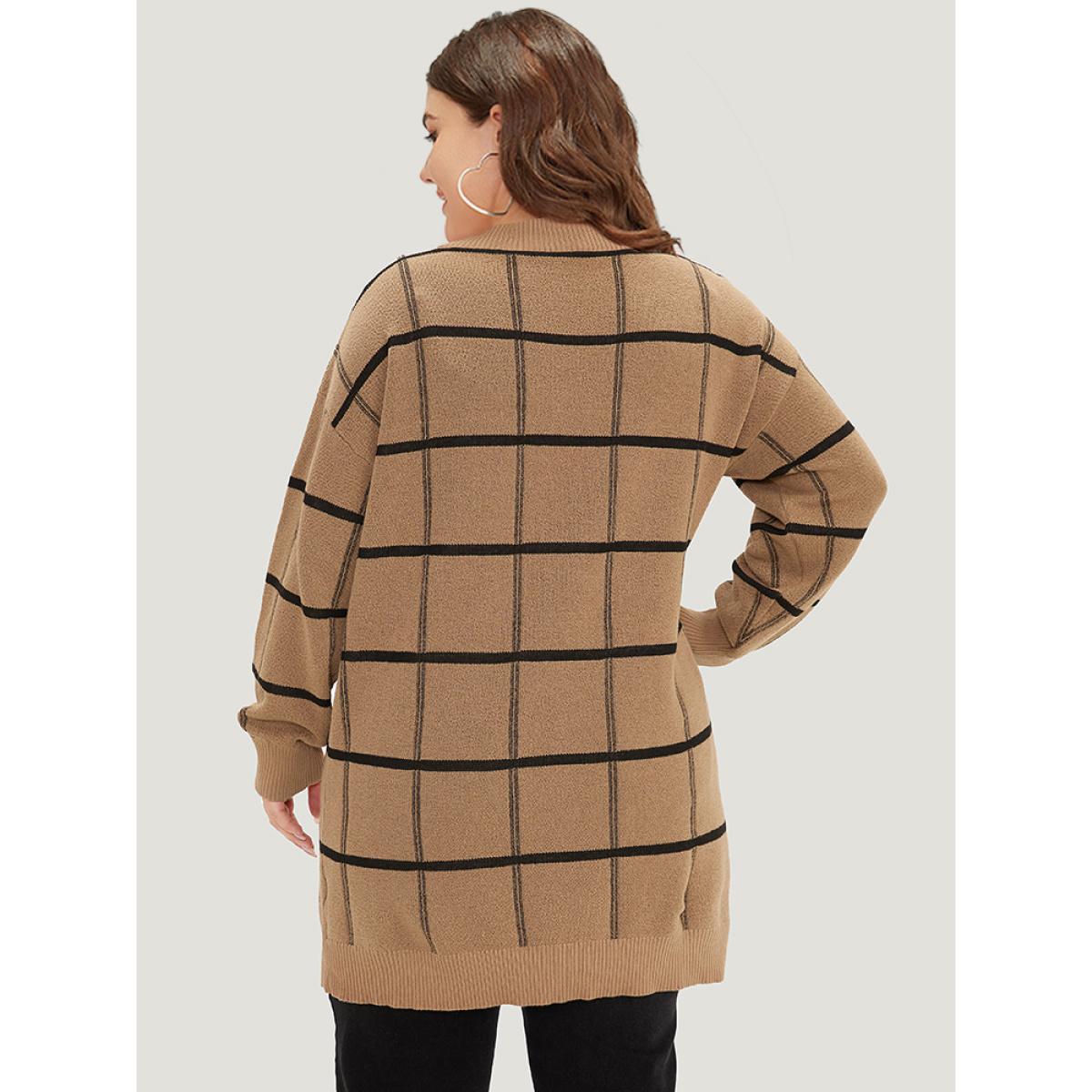 Plus Size Plaid Striped Button Through Cardigan Tan Women Casual Loose Long Sleeve Everyday Cardigans BloomChic 22-24/3X Product Image