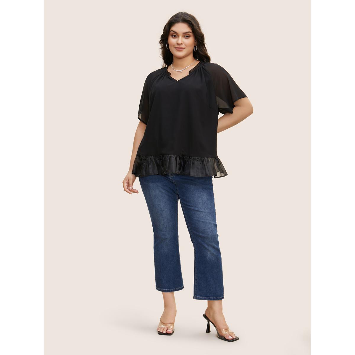 Plus Size Black V Neck Meah Patchwork Ruffle Trim Blouse Women Elegant Short sleeve V-neck Everyday Blouses BloomChic 14-16/1X Product Image