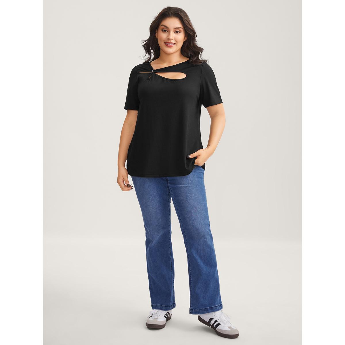 Plus Size Neck Cut-Out Round Neck T-Shirt Black Women Leisure Cut-Out Asymmetrical Neck Casual T-shirts BloomChic 26/4X Product Image