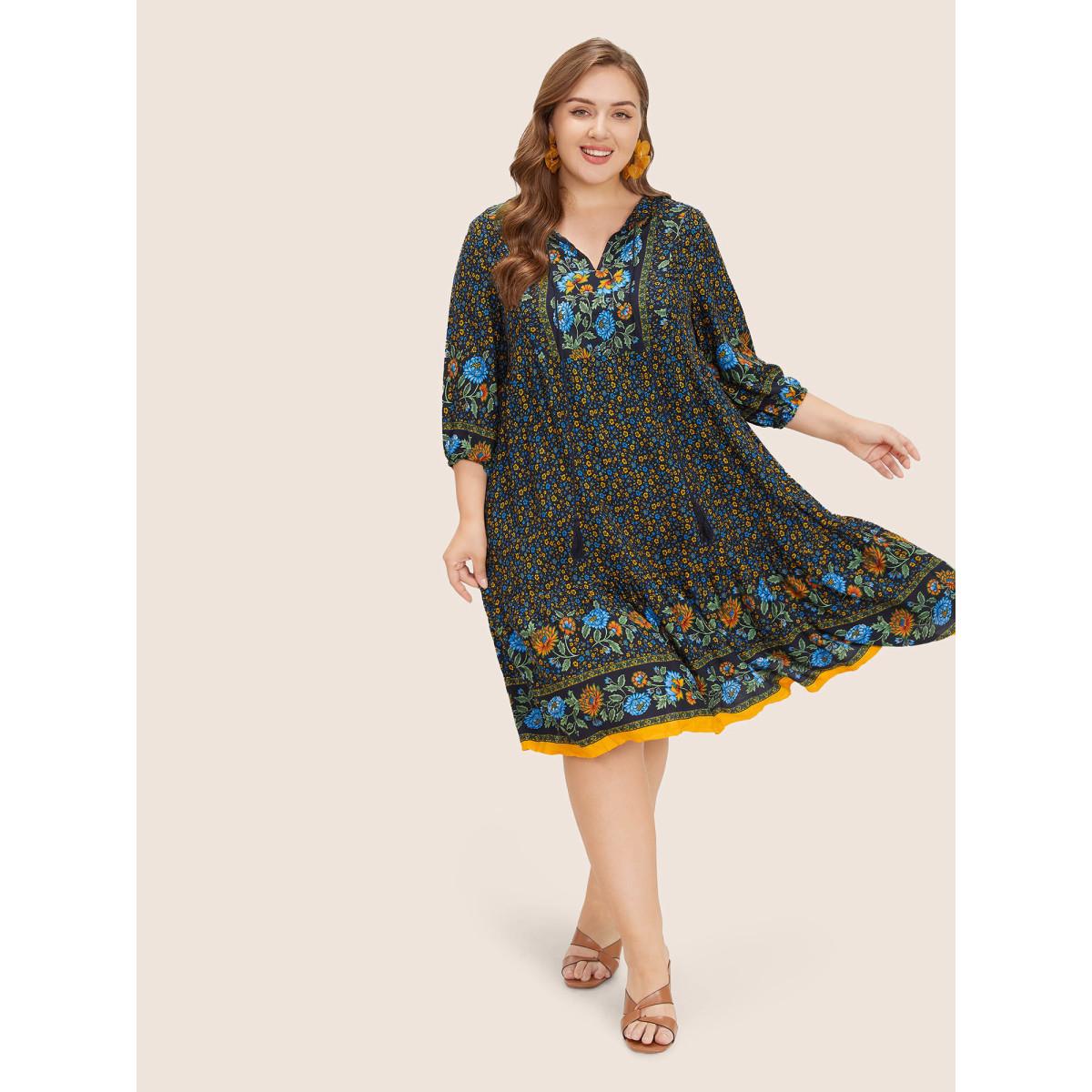 Plus Size Bandana Tassels Lantern Sleeve Ruffle Pocket Keyhole Neck Dress Cerulean Women Resort V-neck Elbow-length sleeve Curvy Midi Dress BloomChic 12/L Product Image