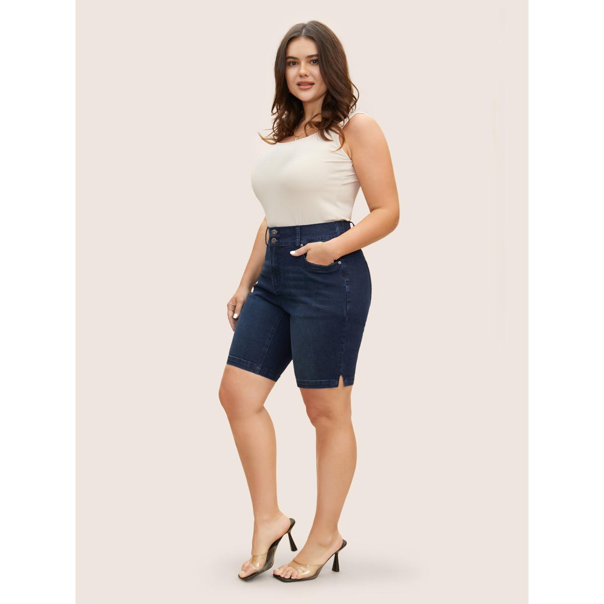 Plus Size Dark Wash Button Up Split Side Denim Shorts Women Denimindigo Button High stretch Everyday Slanted pocket Casual Denim Shorts BloomChic 12/L Product Image