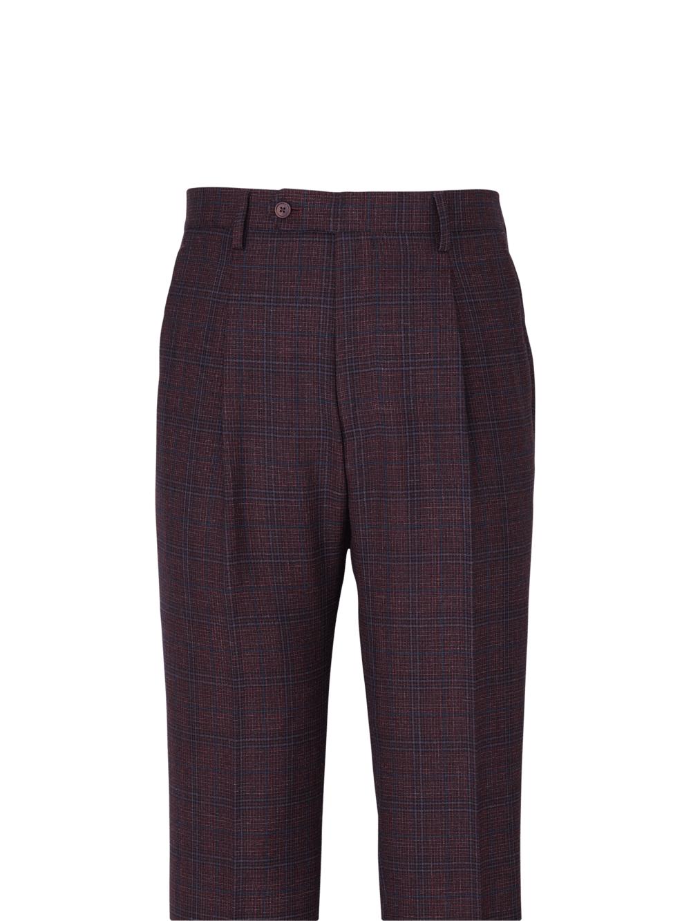 Wool Plaid Single Pleat Suit Pants - Wine Product Image