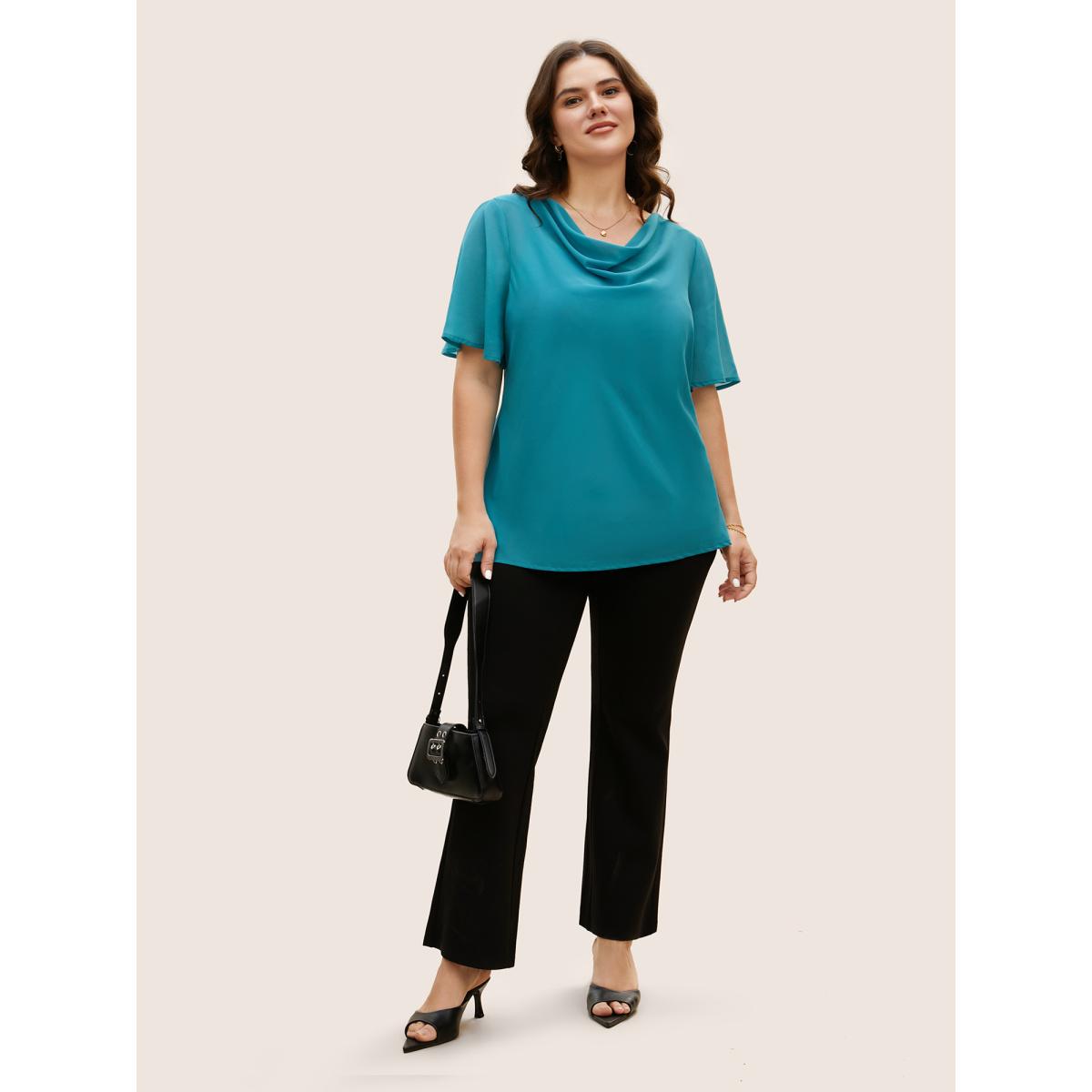 Plus Size Cerulean Cowl Neck Chiffon Mesh Flutter Sleeve Blouse Women Work From Home Half Sleeve Cowl Neck Work Blouses BloomChic 14-16/1X Product Image
