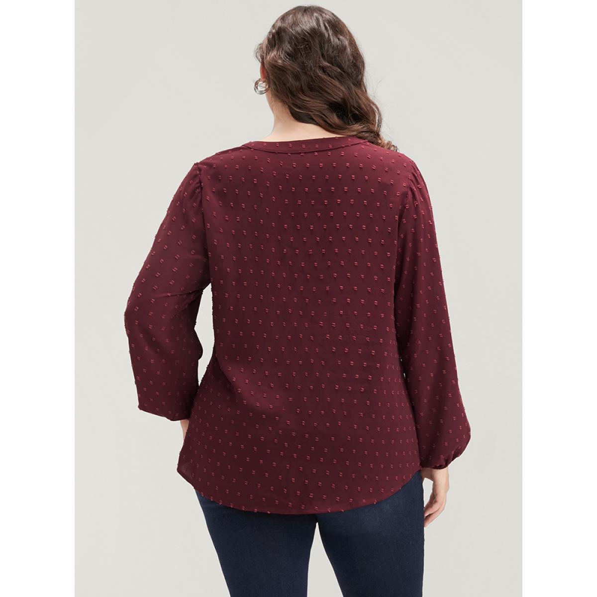 Plus Size Burgundy Polka Dot Button Detail Lantern Sleeve Arc Hem Blouse Women Office Long Sleeve V-neck Work Blouses BloomChic 10/M Product Image