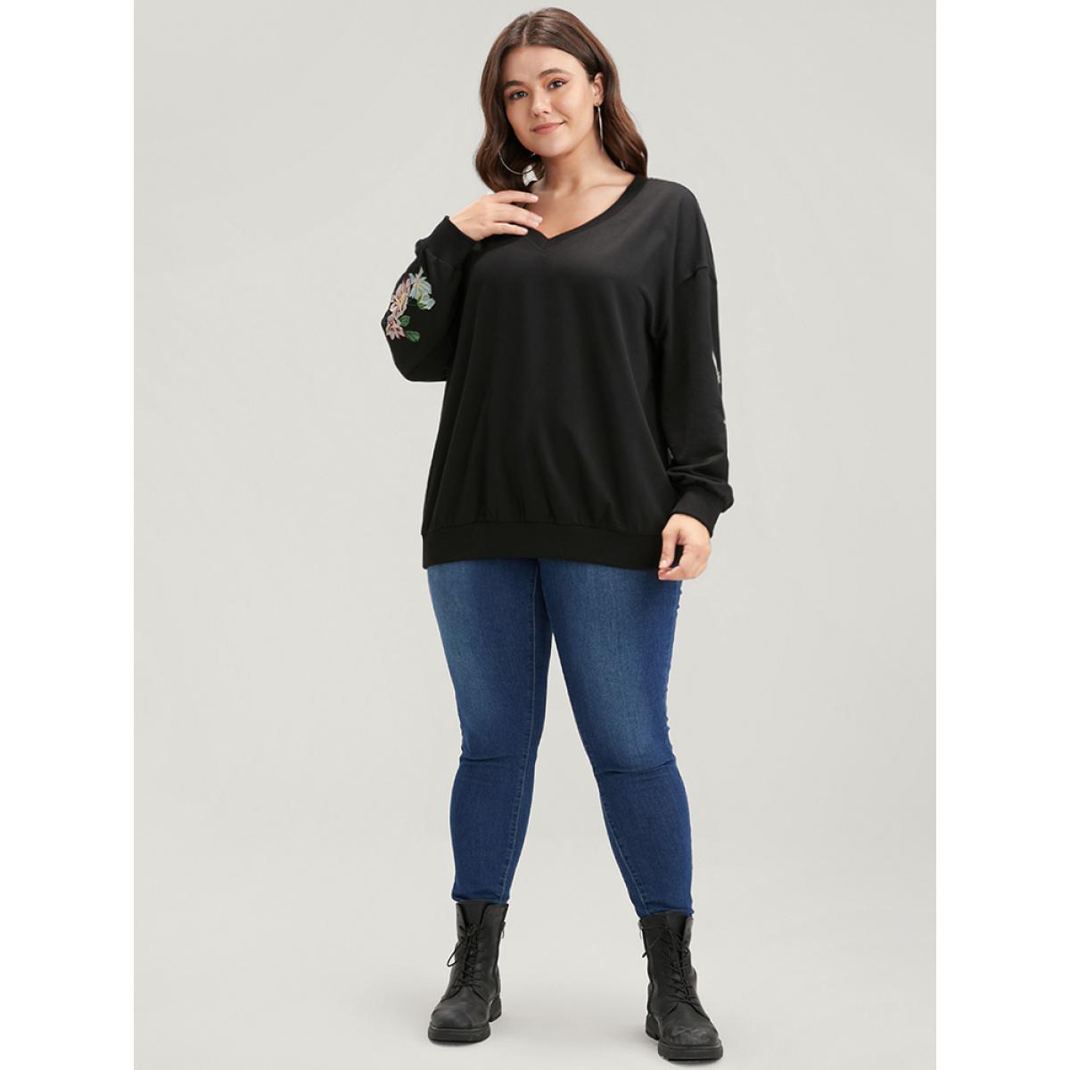 Plus Size Floral Embroidered V Neck Drop Shoulder Sweatshirt Women Black Casual Embroidered V-neck Dailywear Sweatshirts BloomChic 12/L Product Image