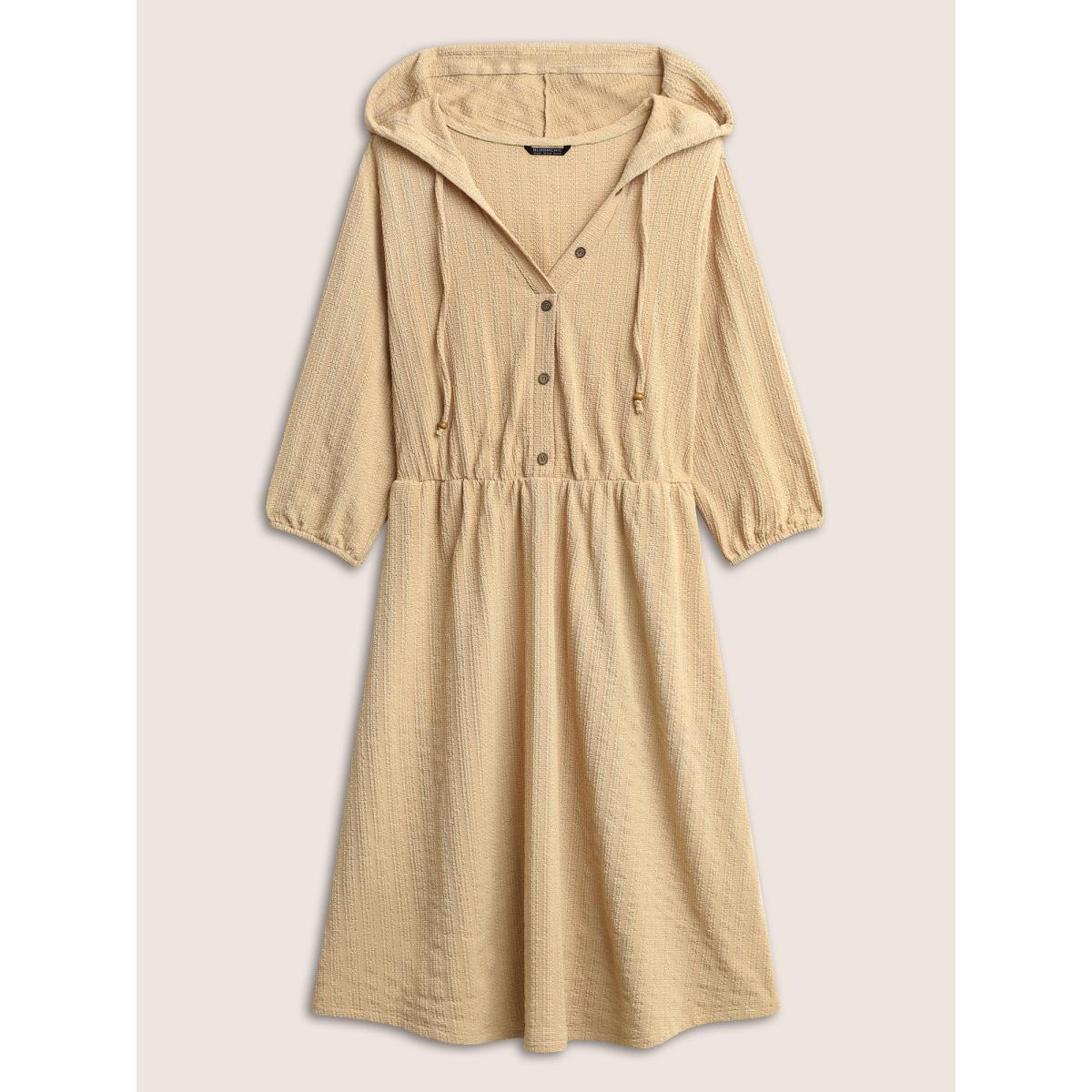Plus Size Plisse Hooded Pocket Button Detail Ties Dress Tan Women Casual Non Hooded Elbow-length sleeve Curvy Midi Dress BloomChic 12/L Product Image