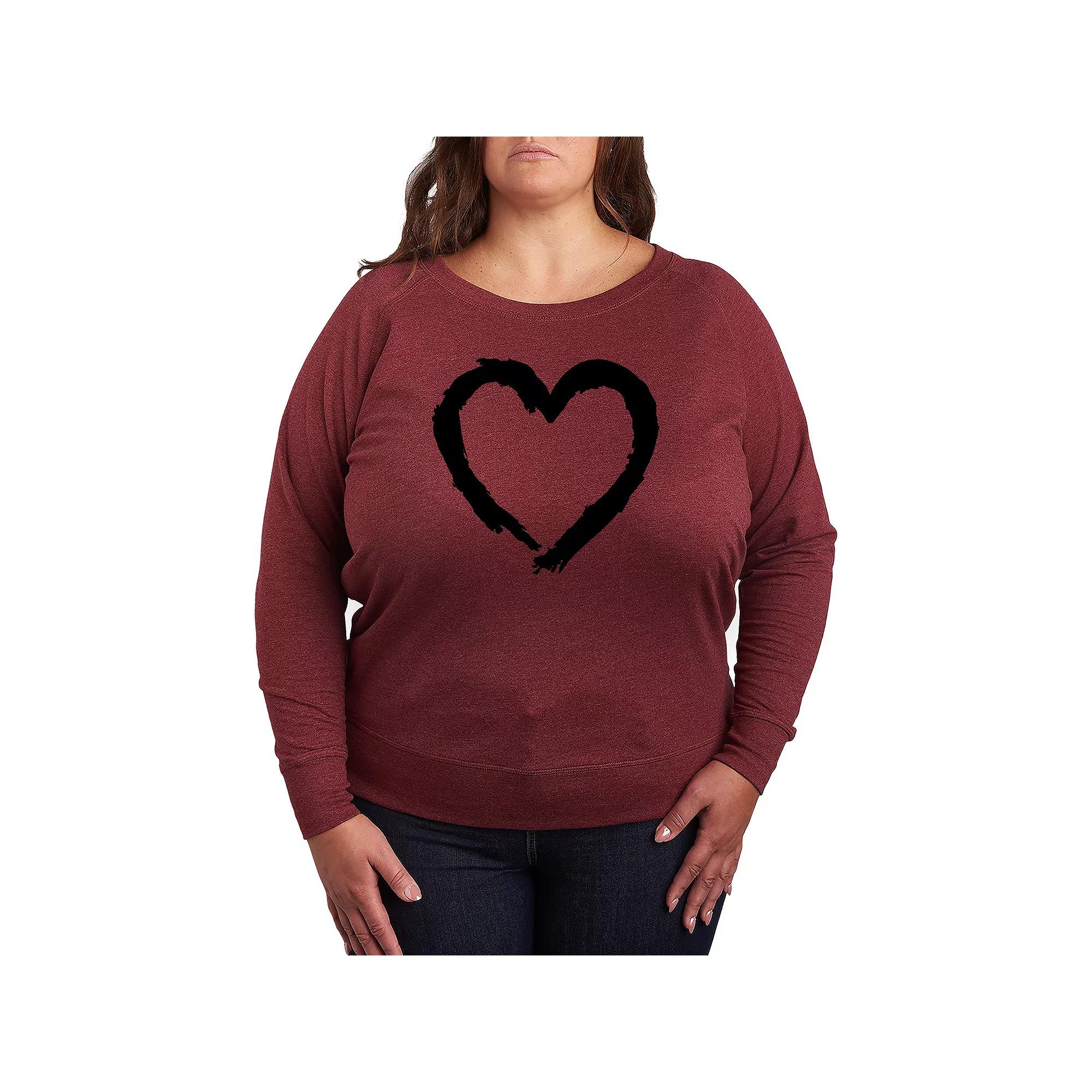 Plus Size Paintbrush Stroke Heart French Terry Long Sleeve Tee, Women's, Size: 2XL, Grey Dark Red Product Image