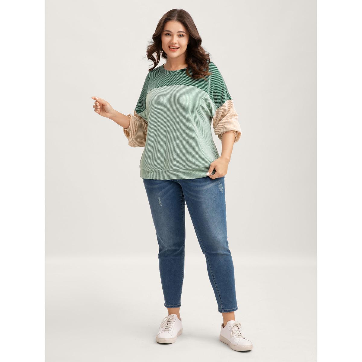 Plus Size Color Block Textured Drop Shoulder Sweatshirt Women Mint Leisure Round Neck Casual Sweatshirts BloomChic 30/6X Product Image