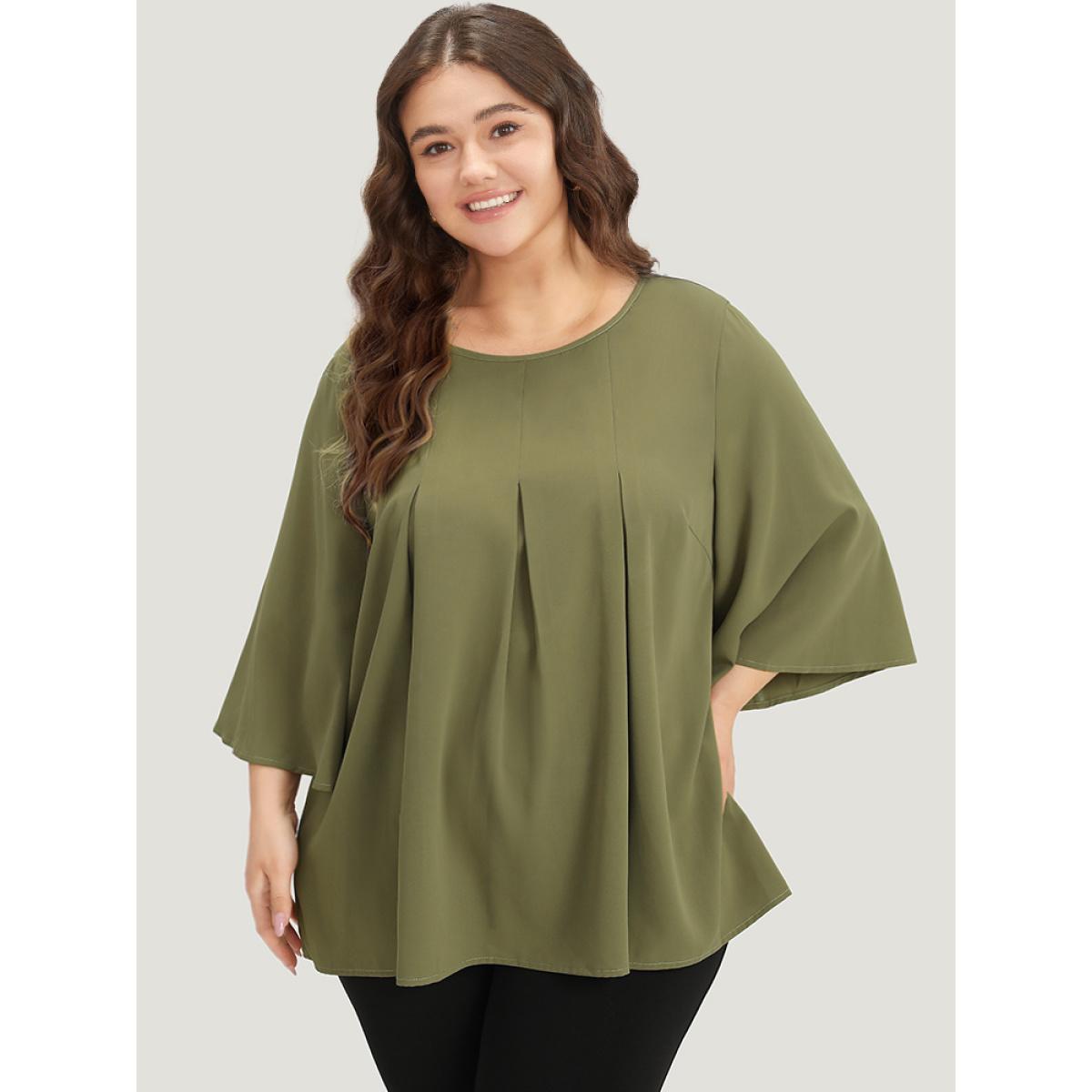 Plus Size ArmyGreen Plain Pleated Detail Bell Sleeve Blouse Women Office Elbow-length sleeve Round Neck Office Blouses BloomChic 14-16/1X Product Image