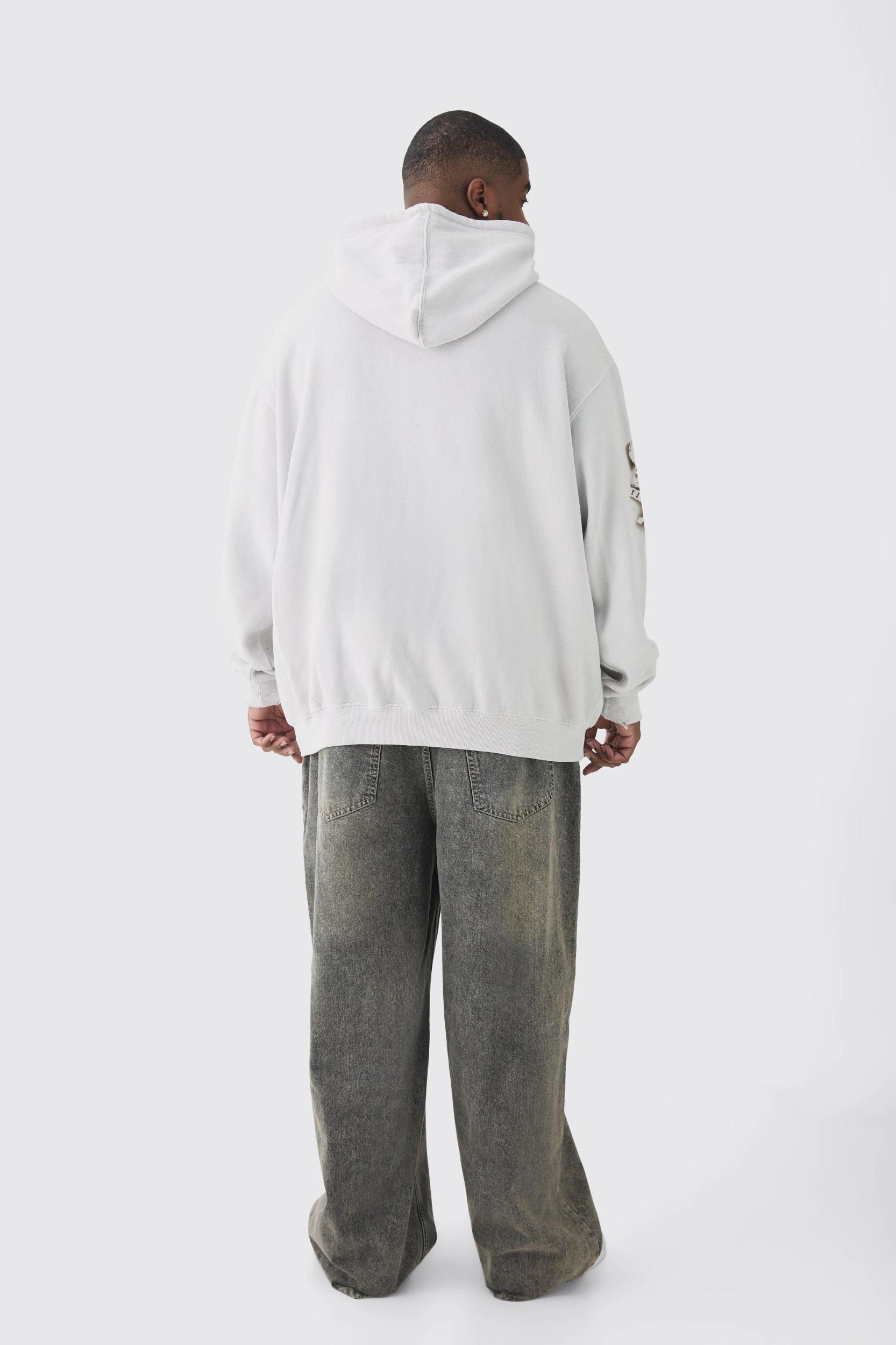Plus Cross Print Oversized Distressed Washed Hoodie in Ecru | boohooMAN USA Product Image
