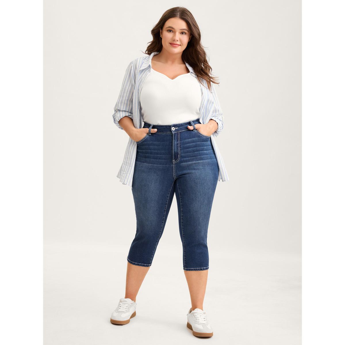 Plus Size Stretchy Booty-Lifting Skinny-Fit Jeans Women Midblue Leisure High stretch Slanted pocket Jeans BloomChic 14/1X Product Image